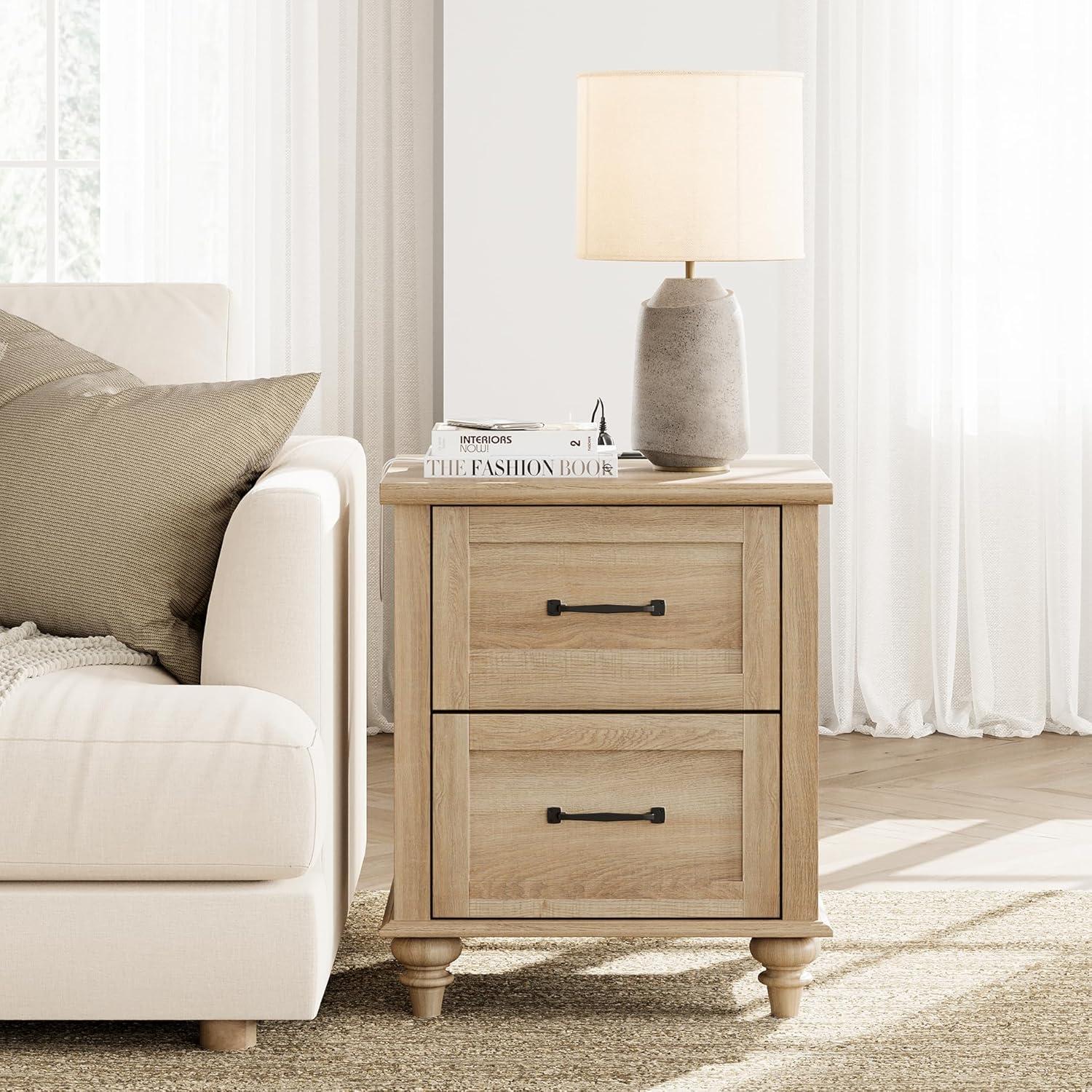 WAMPAT 3 Piece Dresser and Nightstand Sets, Farmhouse Dresser & Chest of Drawers with 6 Drawers & Metal Handle, Set of 2 Nightstands End Table with Charging Staion, 3 Piece Bedroom Set, Oak