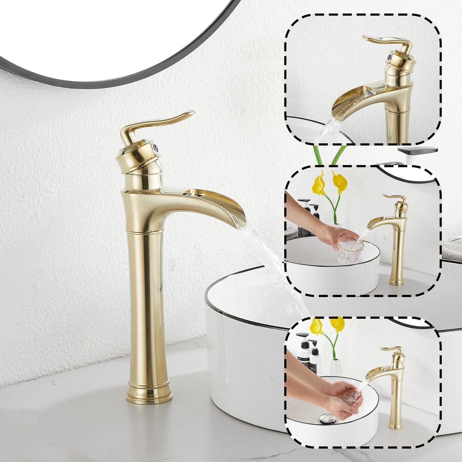 GGStudy Waterfall Single-Handle One Hole Bathroom Vessel Sink Faucet Matching Pop Up Drain Brushed Gold Farmhouse Bathroom Vanity Faucet