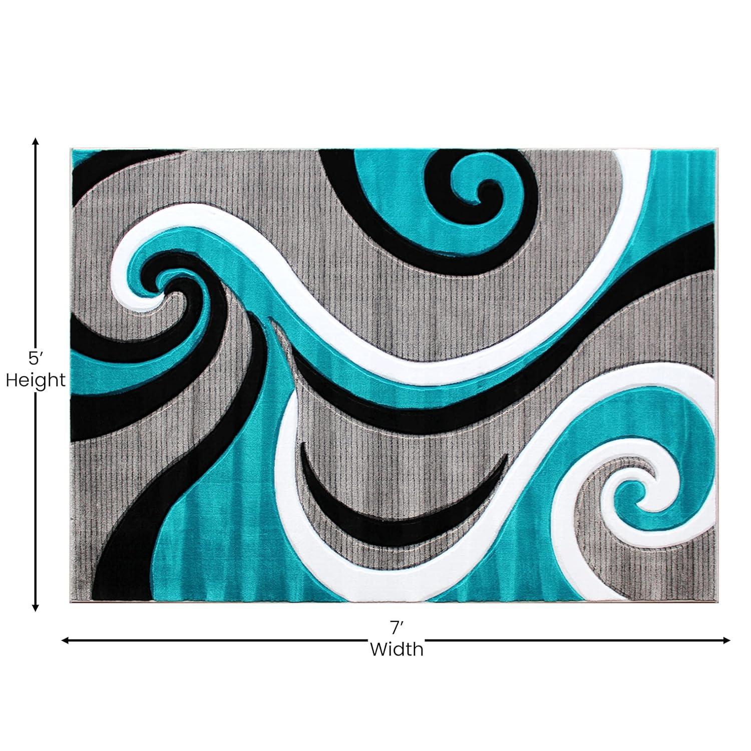 Flash Furniture Athos Rectangular Contemporary White, Black, Grey, Turquoise Area Rug, 5' x 7'