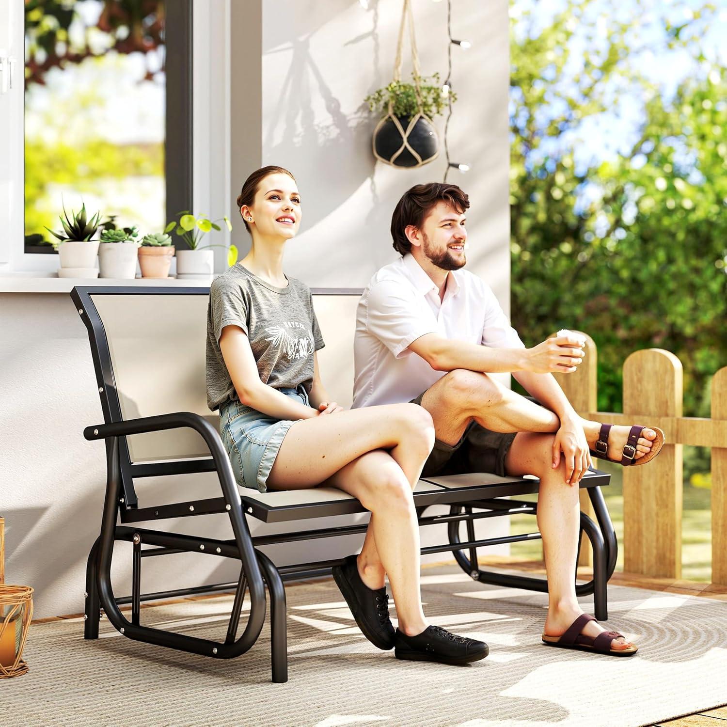 Outsunny 2-Person Outdoor Glider Bench, Patio Double Swing Rocking Chair Loveseat w/Powder Coated Steel Frame for Backyard Garden Porch, Beige