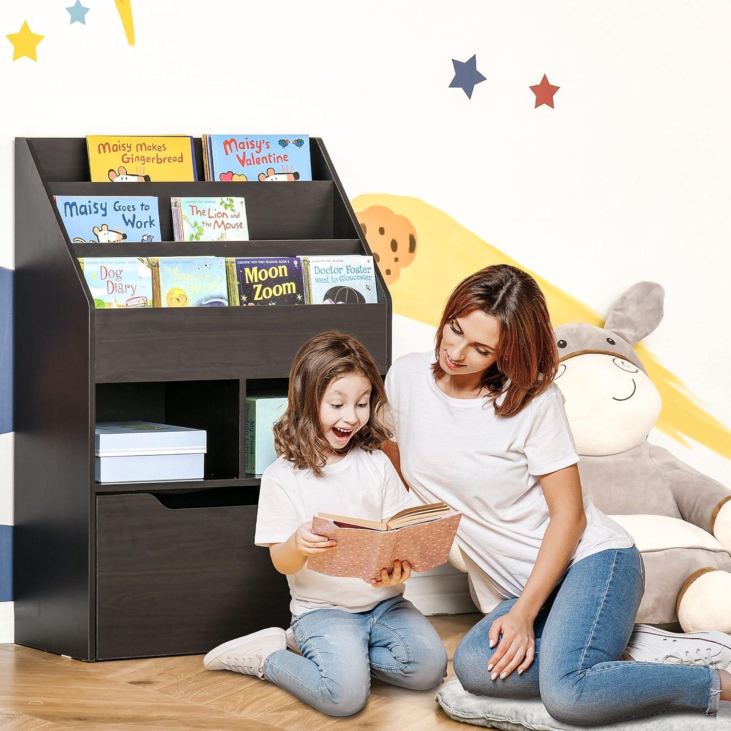 Brown MDF Kids Bookcase with Storage Drawer and Shelves