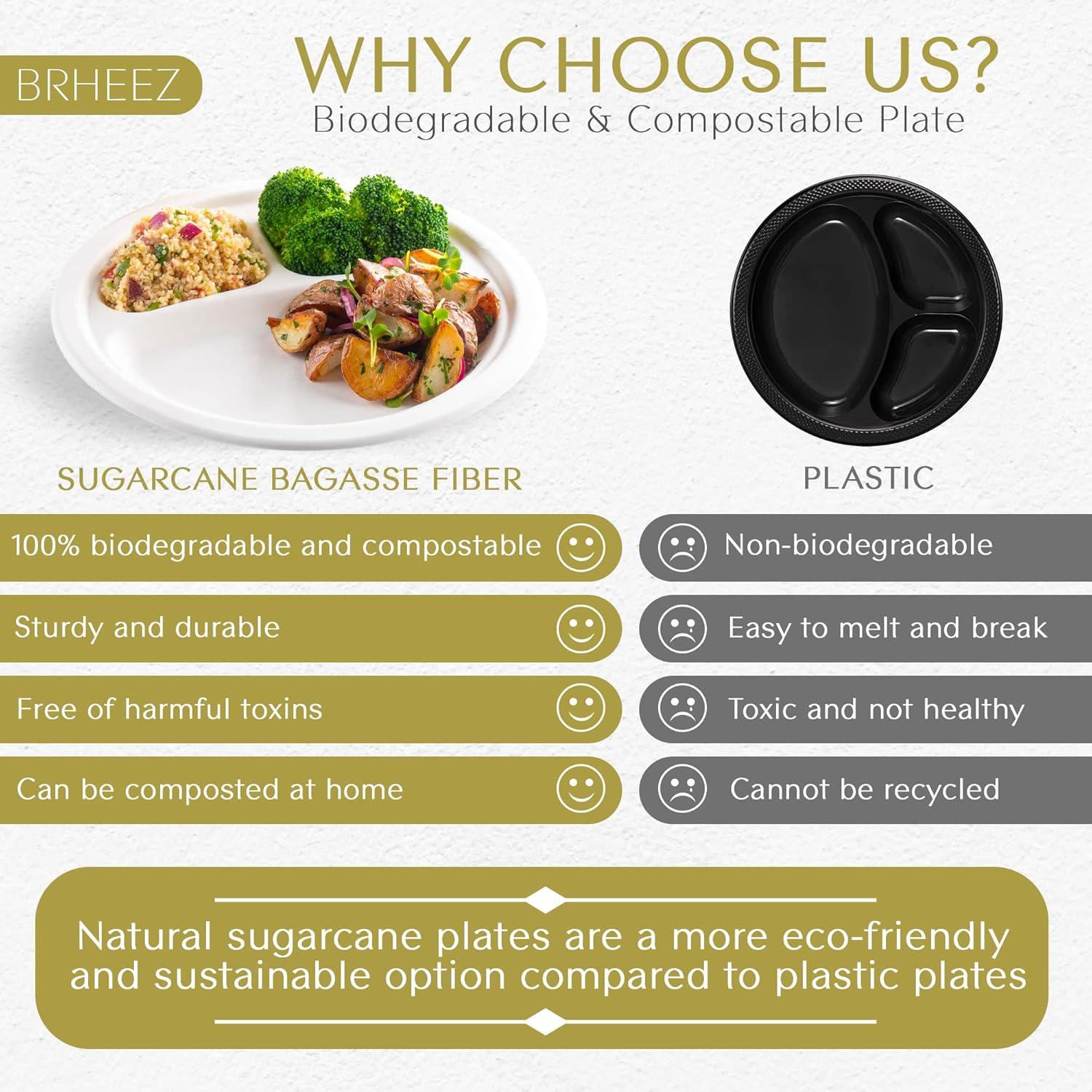 Brheez Heavy Duty Round 3-Compartment Disposable Plates - 100% Biodegradable & Compostable Sugarcane, 10", 440-pack