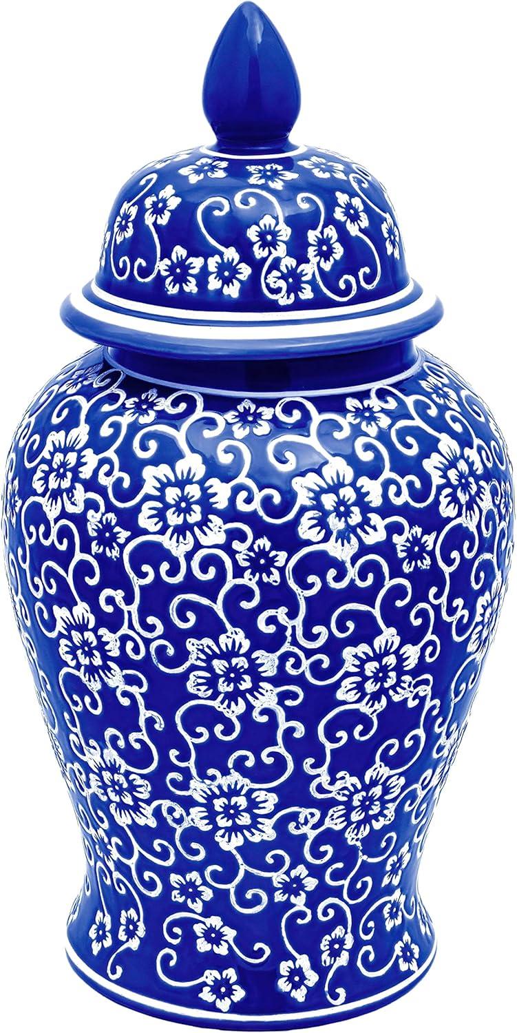 18" White Flowers on Blue Temple Jar