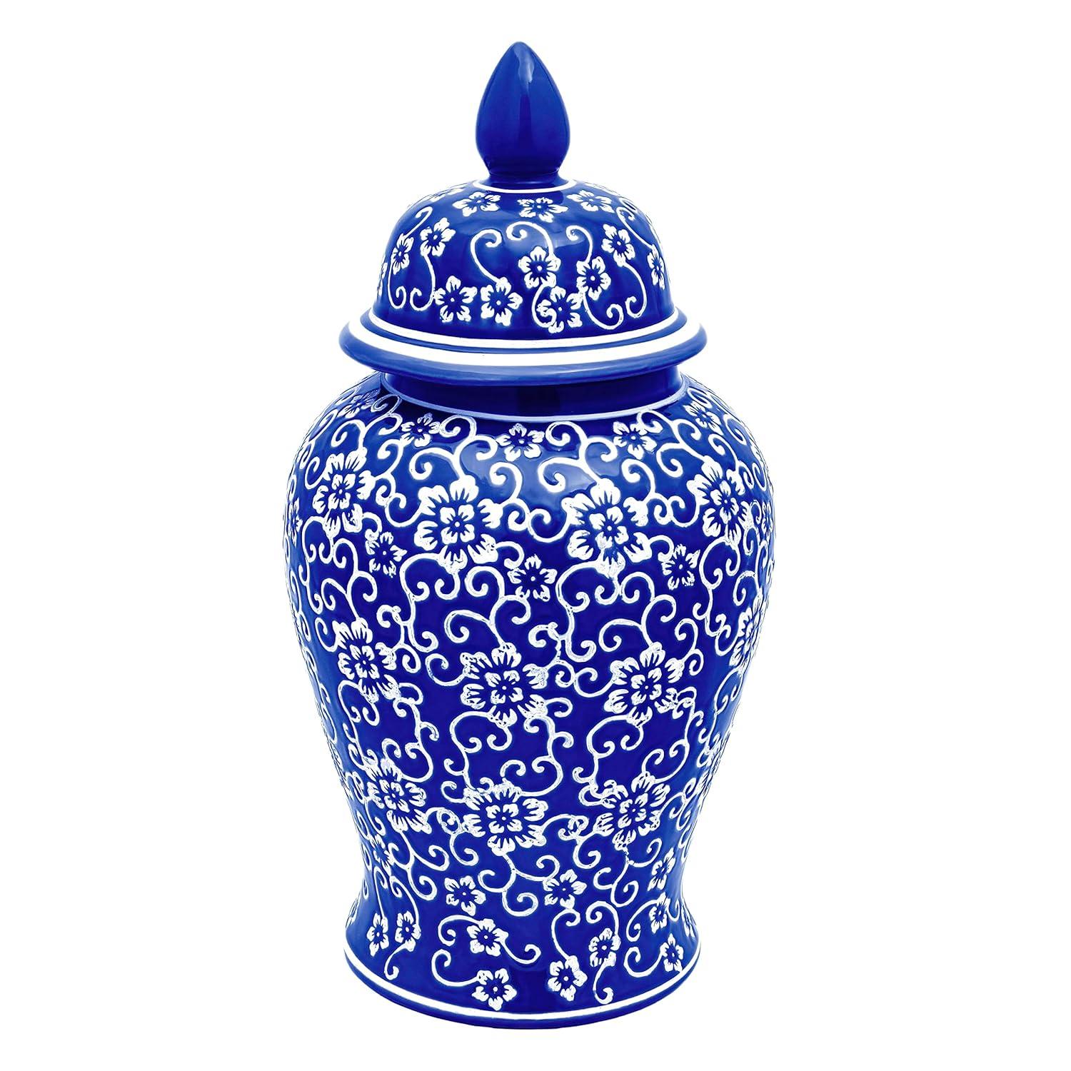 18" White Flowers on Blue Temple Jar