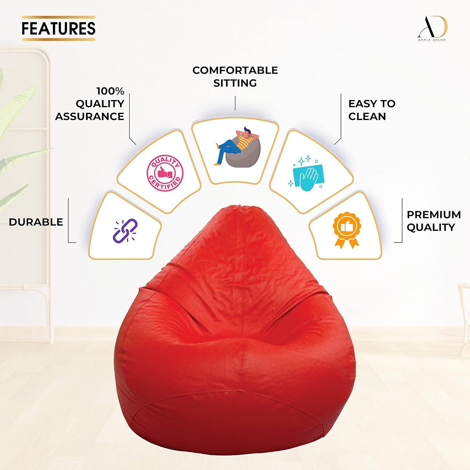 Ample Decor Bean Bag Cover (Filler Not Included), Plush Toys Storage Soft Leatherette, Durable Construction Sturdy Zipper, Ideal for Children and Teenagers - Red
