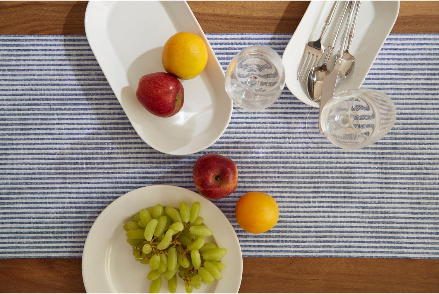 Navy and White Narrow Stripe Linen Table Runner 14 x 60 Inch