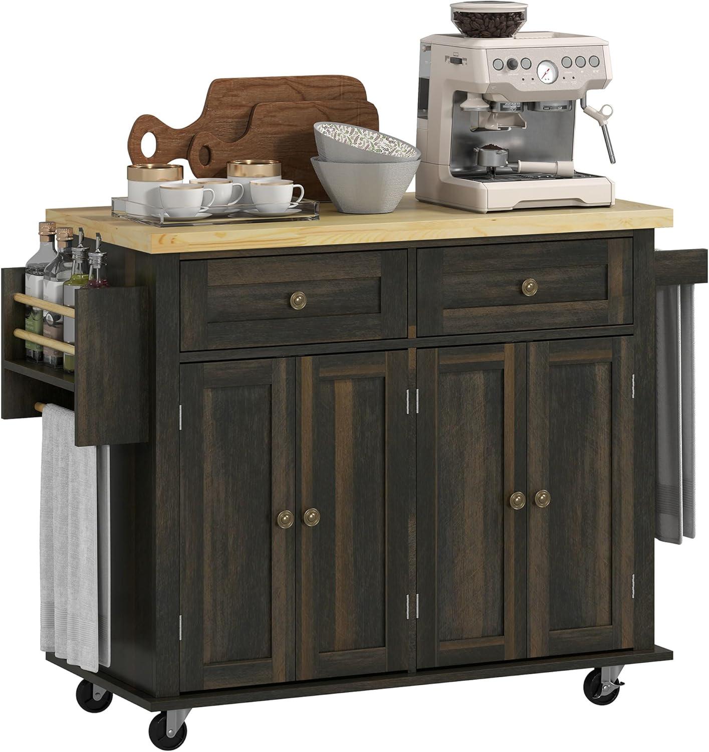 HOMCOM Kitchen Island on Wheels, Rolling Cart with Rubber Wood Top, Spice Rack, Towel Rack & Drawers for Dining Room, Black