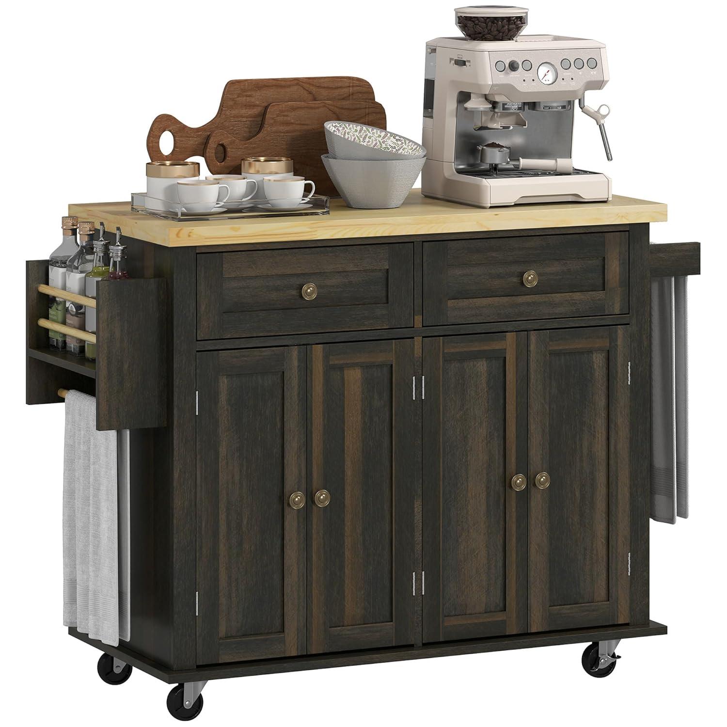 HOMCOM Kitchen Island on Wheels, Rolling Cart with Rubber Wood Top, Spice Rack, Towel Rack & Drawers for Dining Room, Black