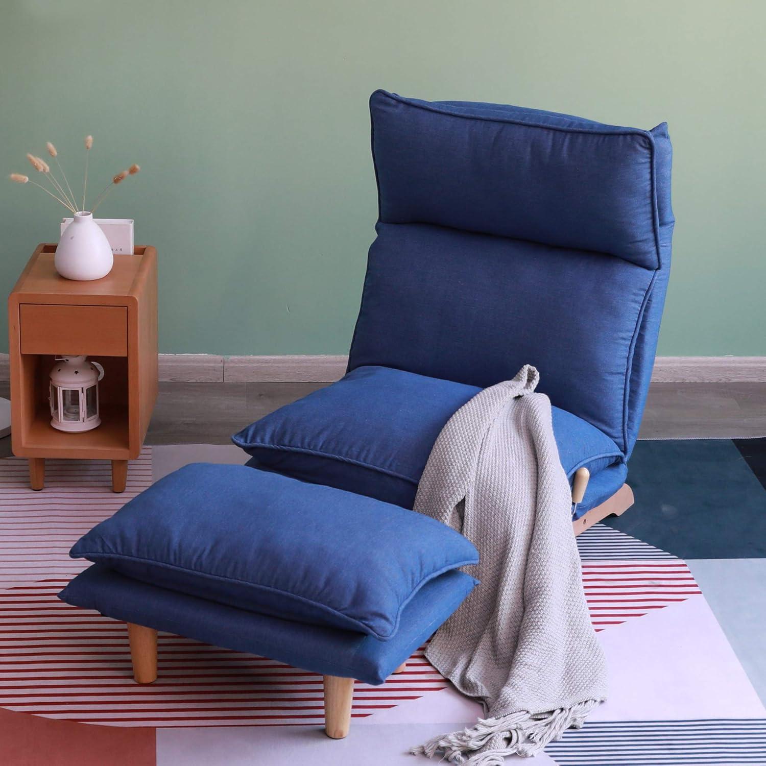 Lazy Chair with Ottoman, Modern Accent Lounge Chair Single Leisure Upholstered Sofa with Adjustable Back, Reading Chair for Living Room, Bedroom, Dark Blue