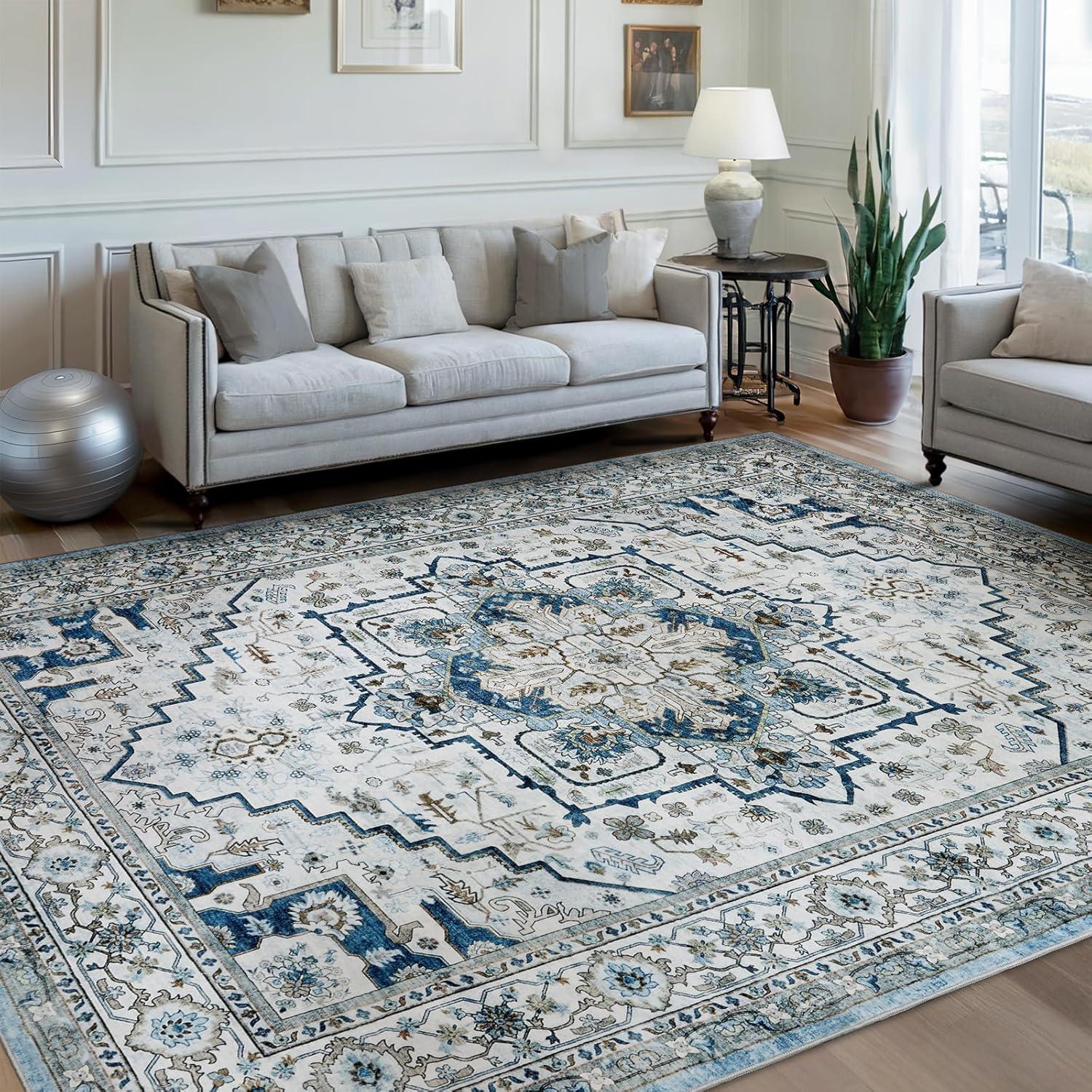 GlowSol 8x10 Floral Area Rug for Living Room Bedroom Retro Distressed Area Rug Traditional Medallion Non-Slip Low Pile Carpet Floor Decoration, Blue