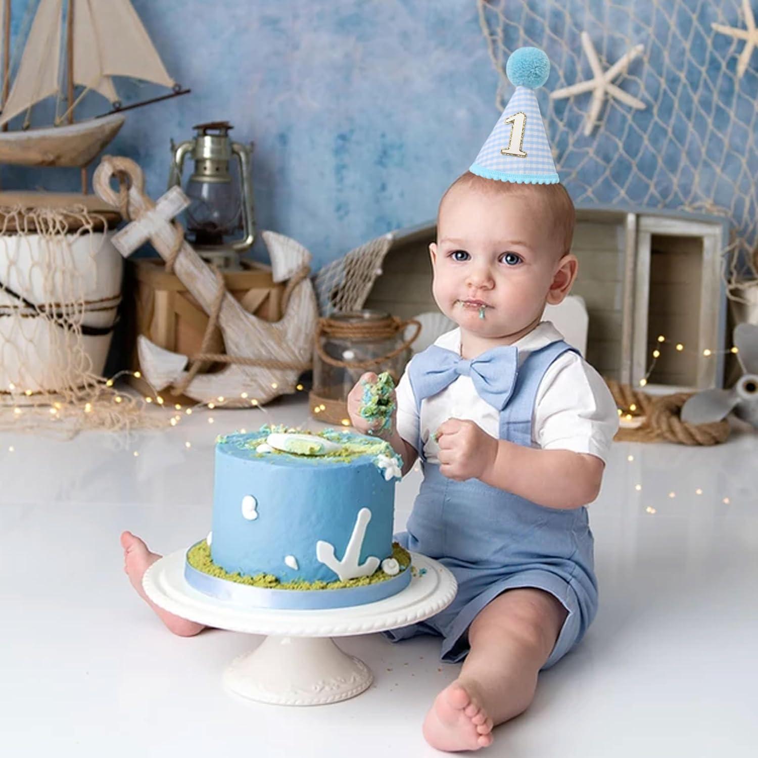 Amscan 250959 1st Birthday Blue Pom Pom Child's Party Hat, 1ct