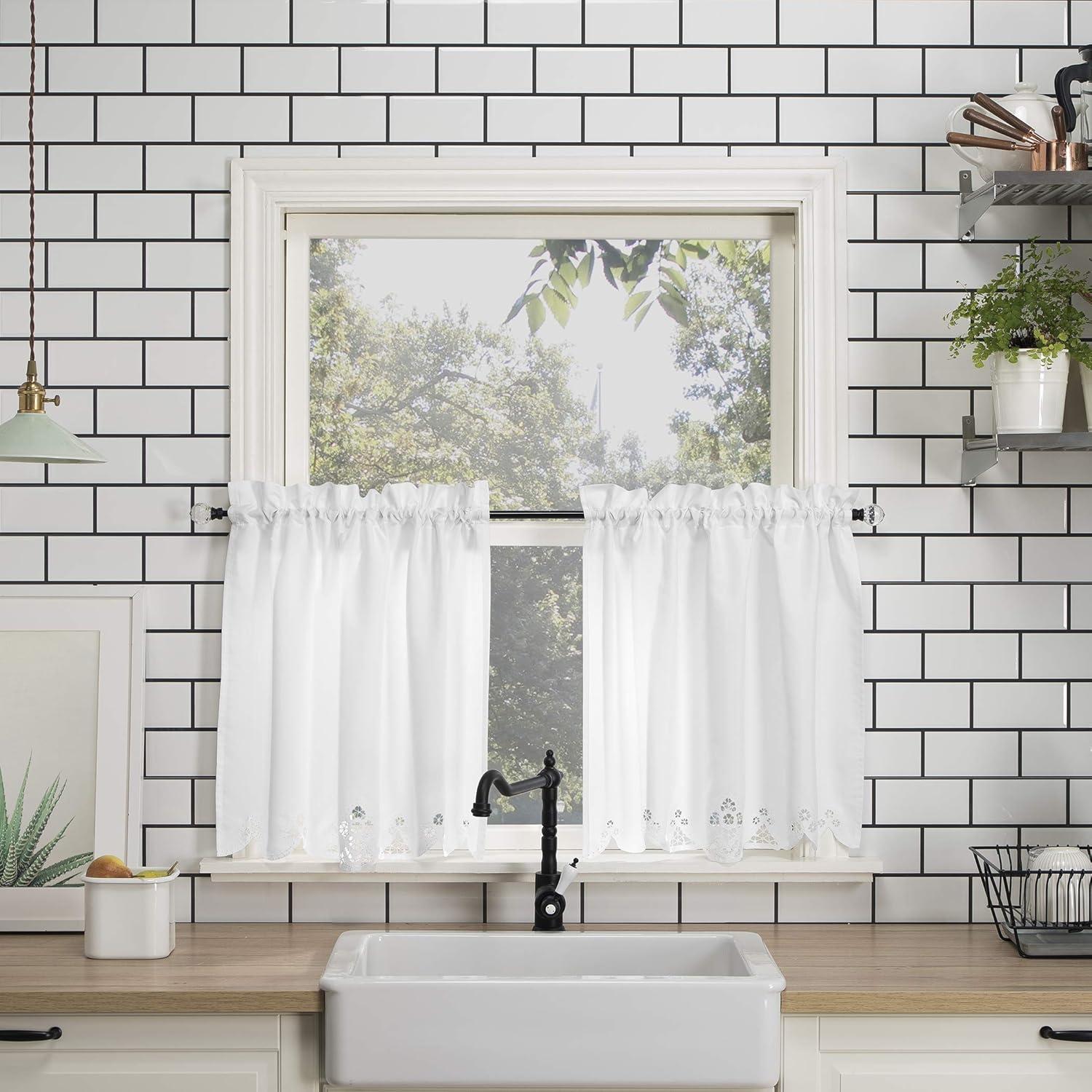 14"x58" Mariela Floral Trim Semi-Sheer Rod Pocket Kitchen Window Valance and Tiers Set White - No. 918: Light Filtering Kitchen Curtains Set