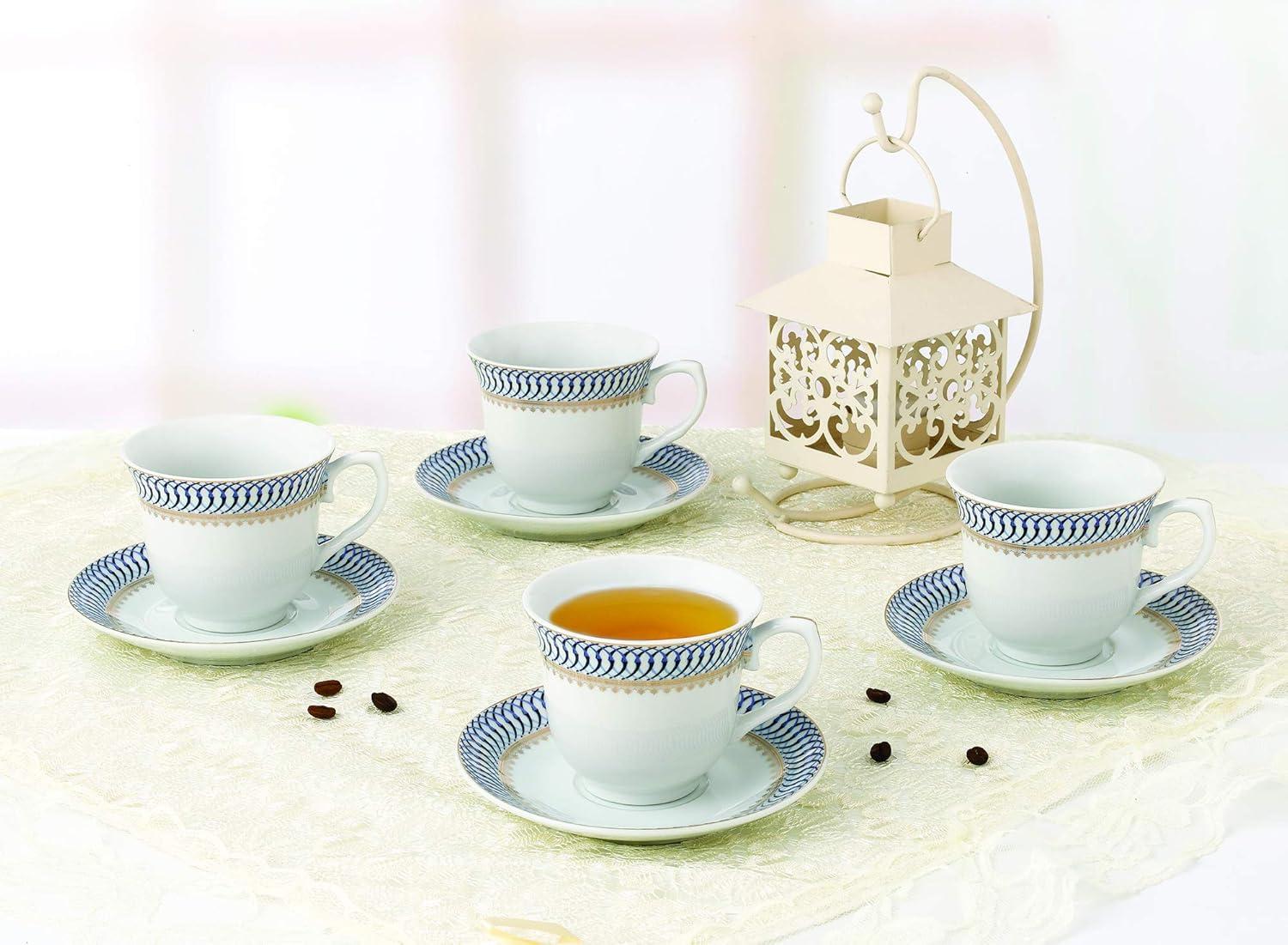 Elegant Blue and Gold Porcelain Tea Cup Set for Four