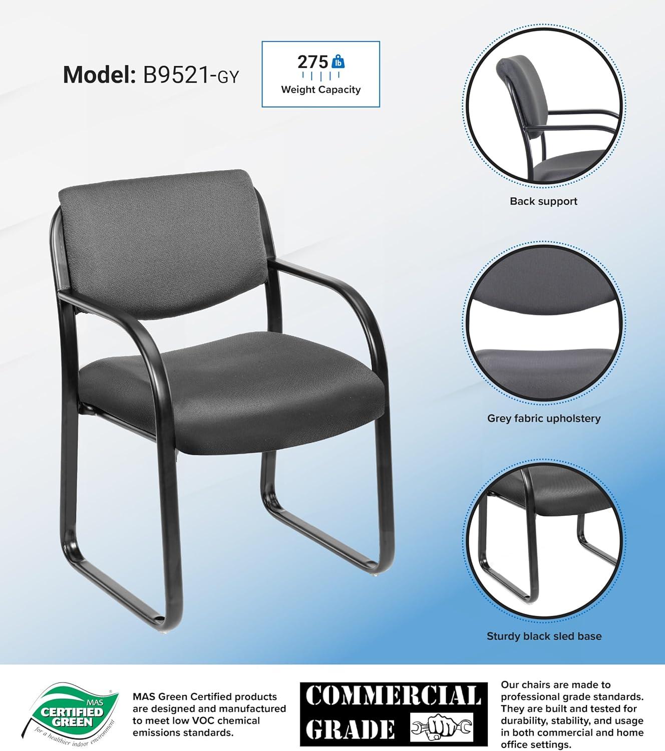 Sled Base Guest Chair Gray - Boss: Sturdy Metal Frame, Padded Back & Seat, 275 lbs Capacity