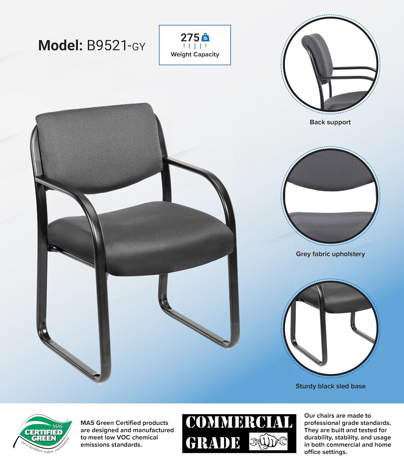 Sled Base Guest Chair Gray - Boss: Sturdy Metal Frame, Padded Back & Seat, 275 lbs Capacity