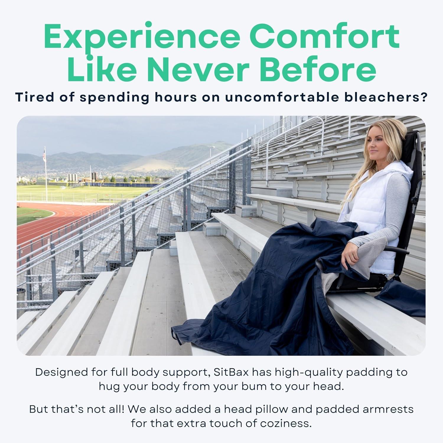 Sitbax SitBax Black Padded Bleacher Seat – The Ultimate Reclining Stadium Chair with Full Back & Neck Support and 360° Swivel – Lightweight, Foldable, and Portable with Backpack Straps - Patent Pending