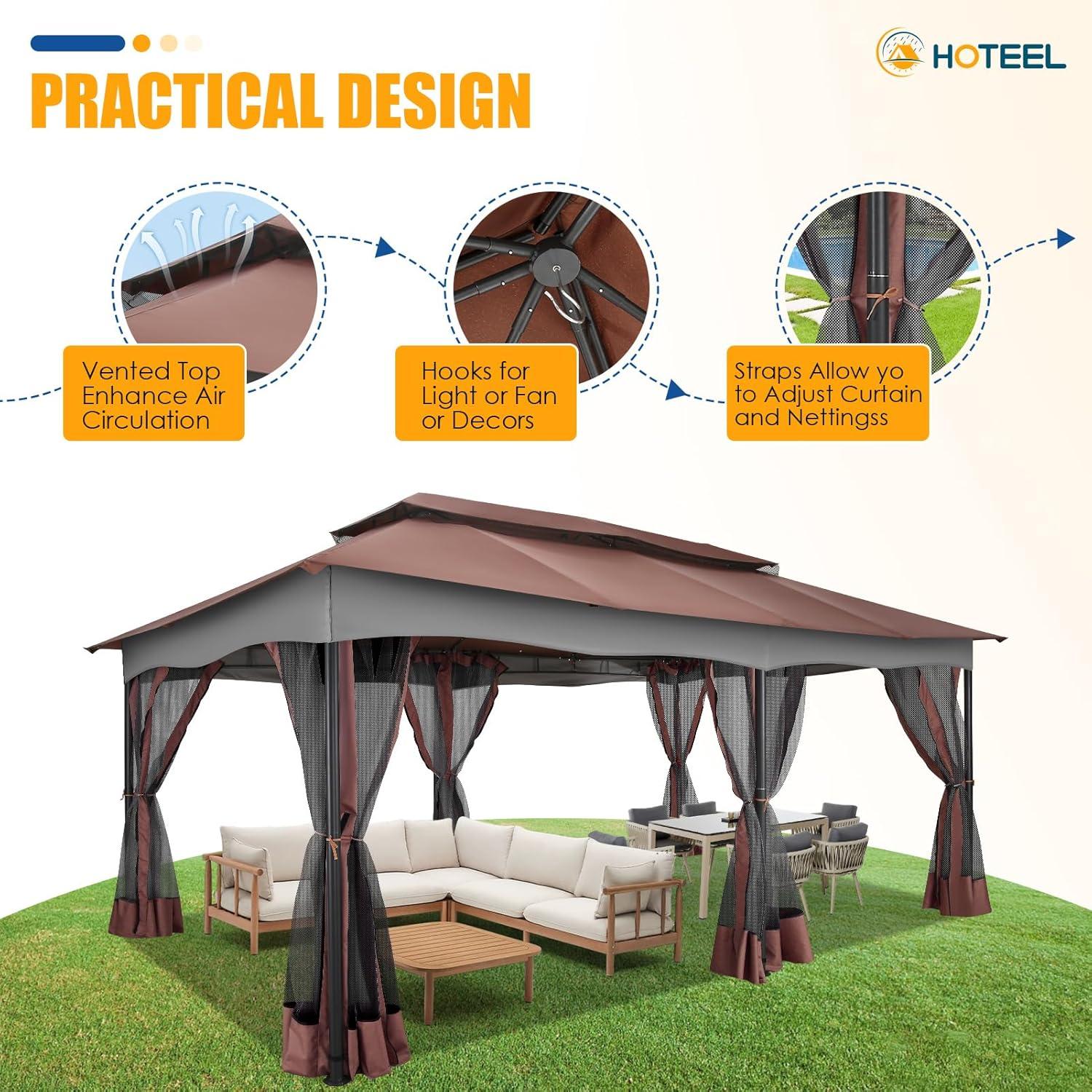 HOTEEL 10x20 Gazebo on Clearance, Outdoor Gazebo Tent with Mosquito Netting and Ventilated Double Flat Roof, Easy Set up Canopy Tent with Stable Metal Frame for Patio, Khaki (Upgraded 2.0)