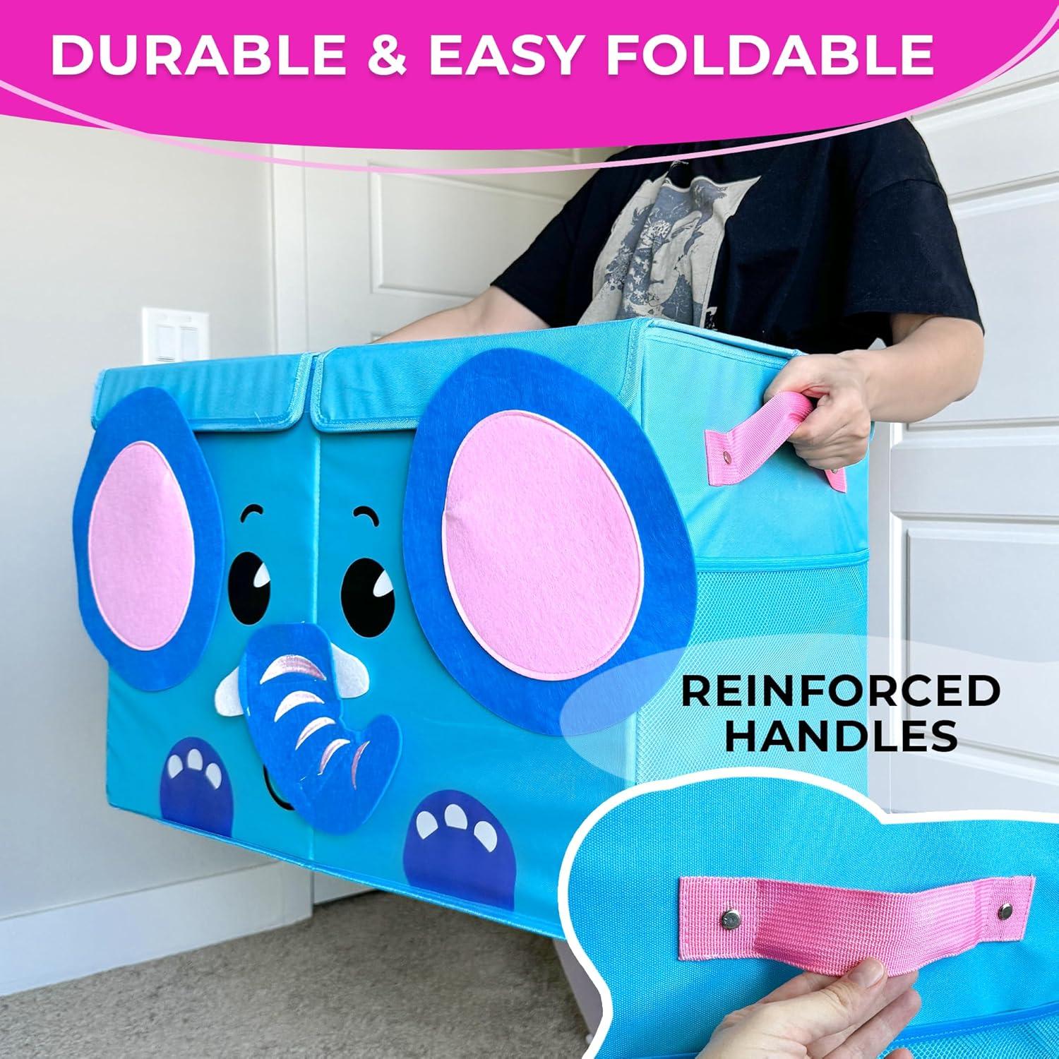 Blue Elephant Fabric Collapsible Toy Storage Box with Handles