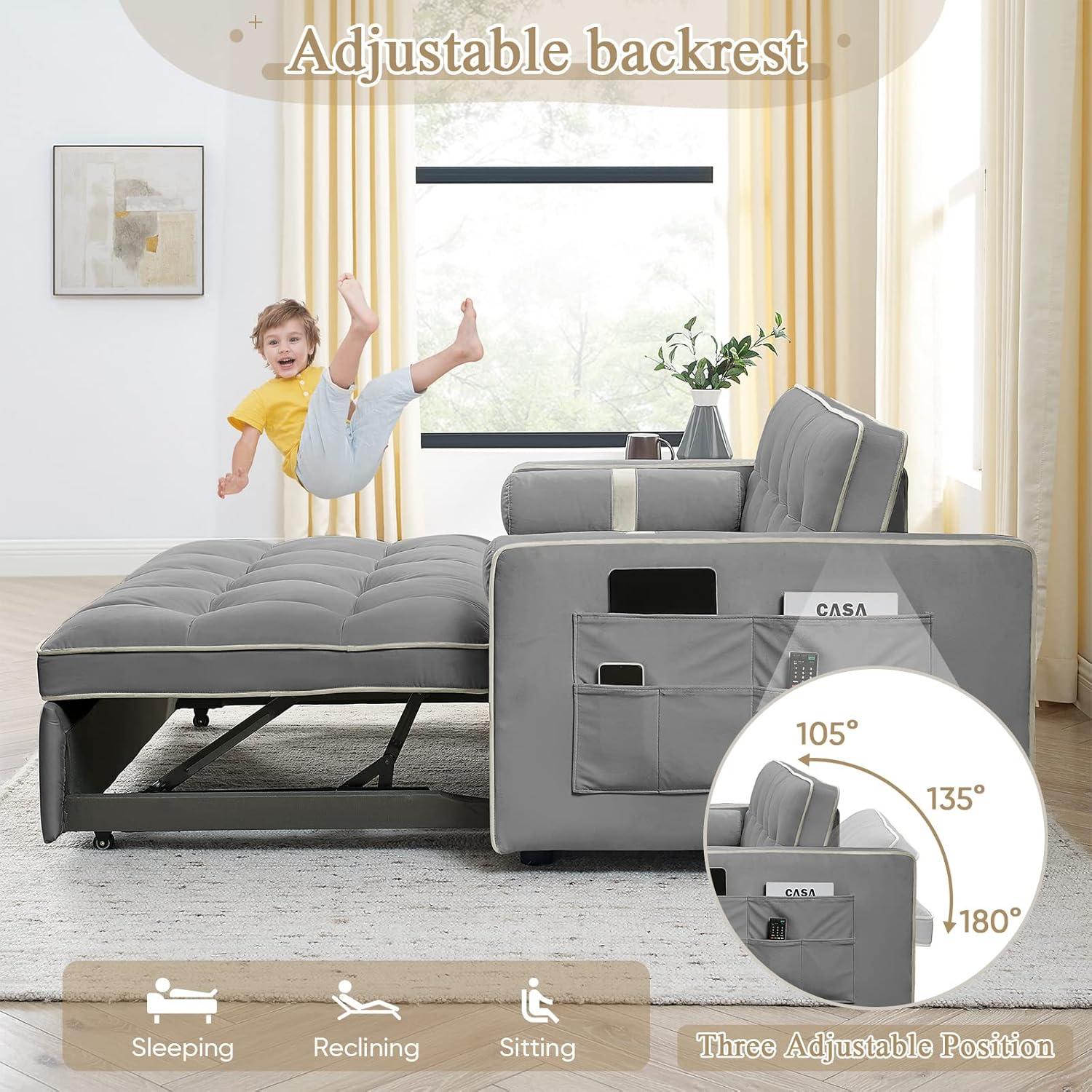 Yeahumalia 3 in 1 Convertible Velvet Loveseat Sleeper Futon Sofa Bed, Pull Out Couch with Side Table for Living Room, Bedroom, Grey