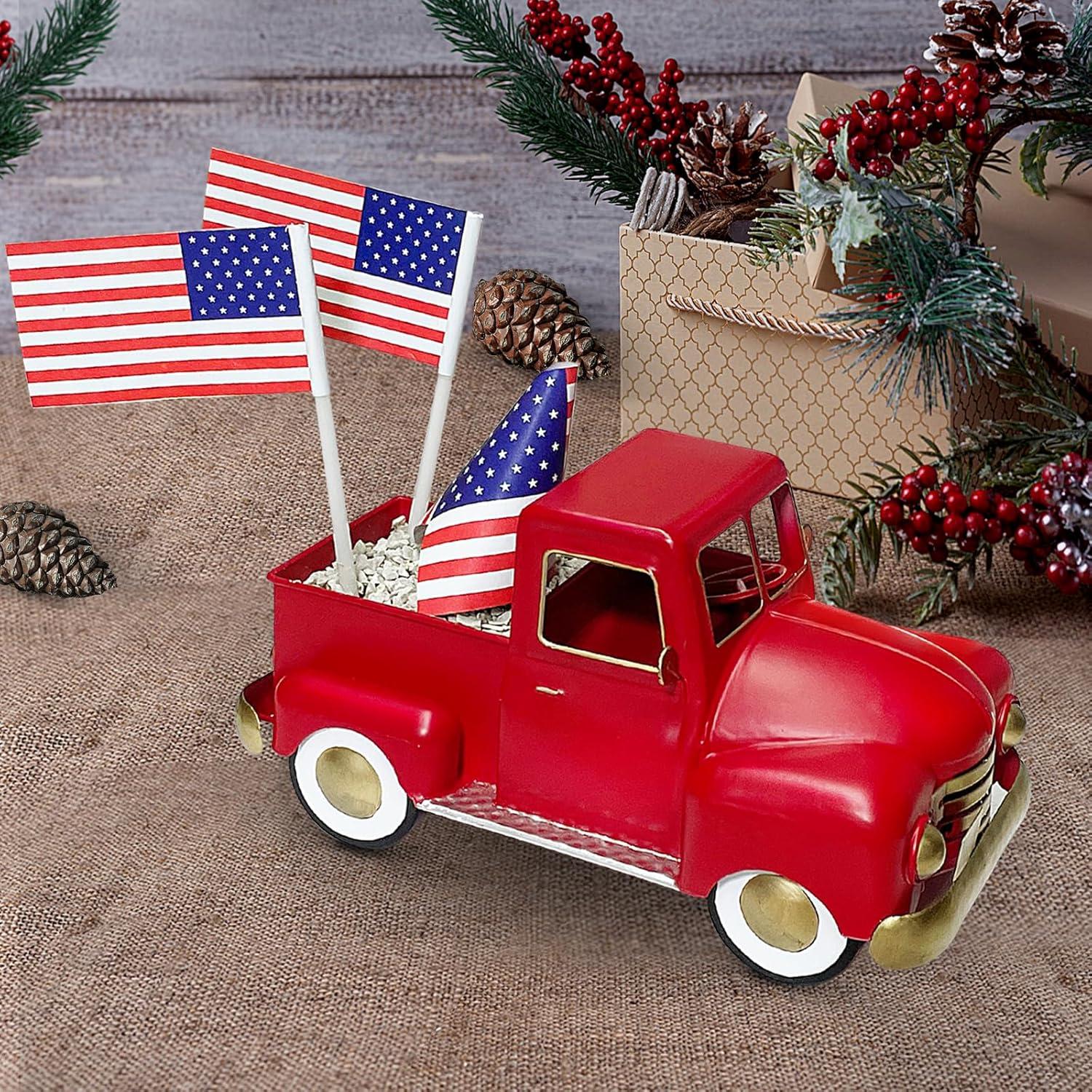 Vintage Red Metal Truck Sculpture with Gold Accents
