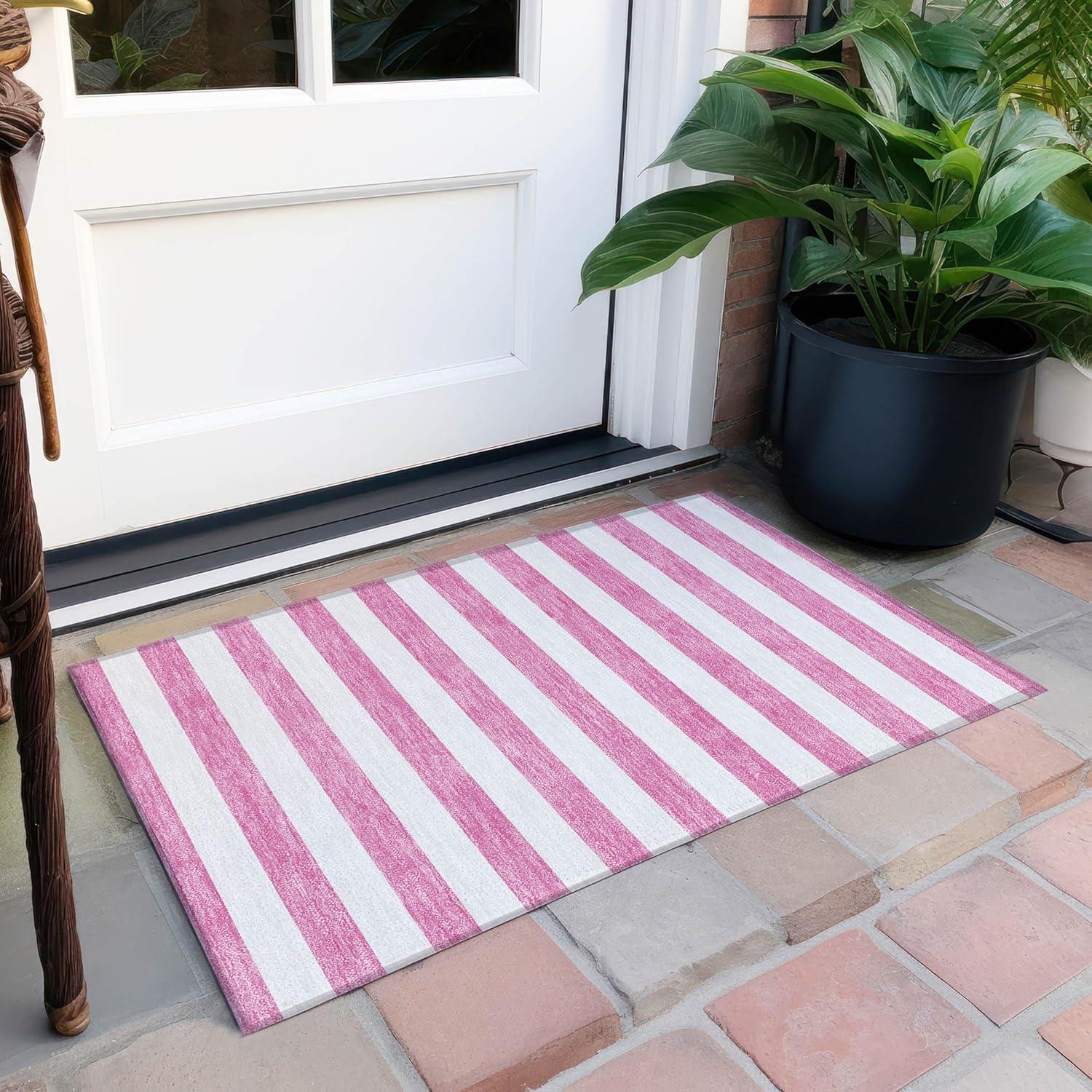 Pink and White Striped Synthetic Washable Area Rug