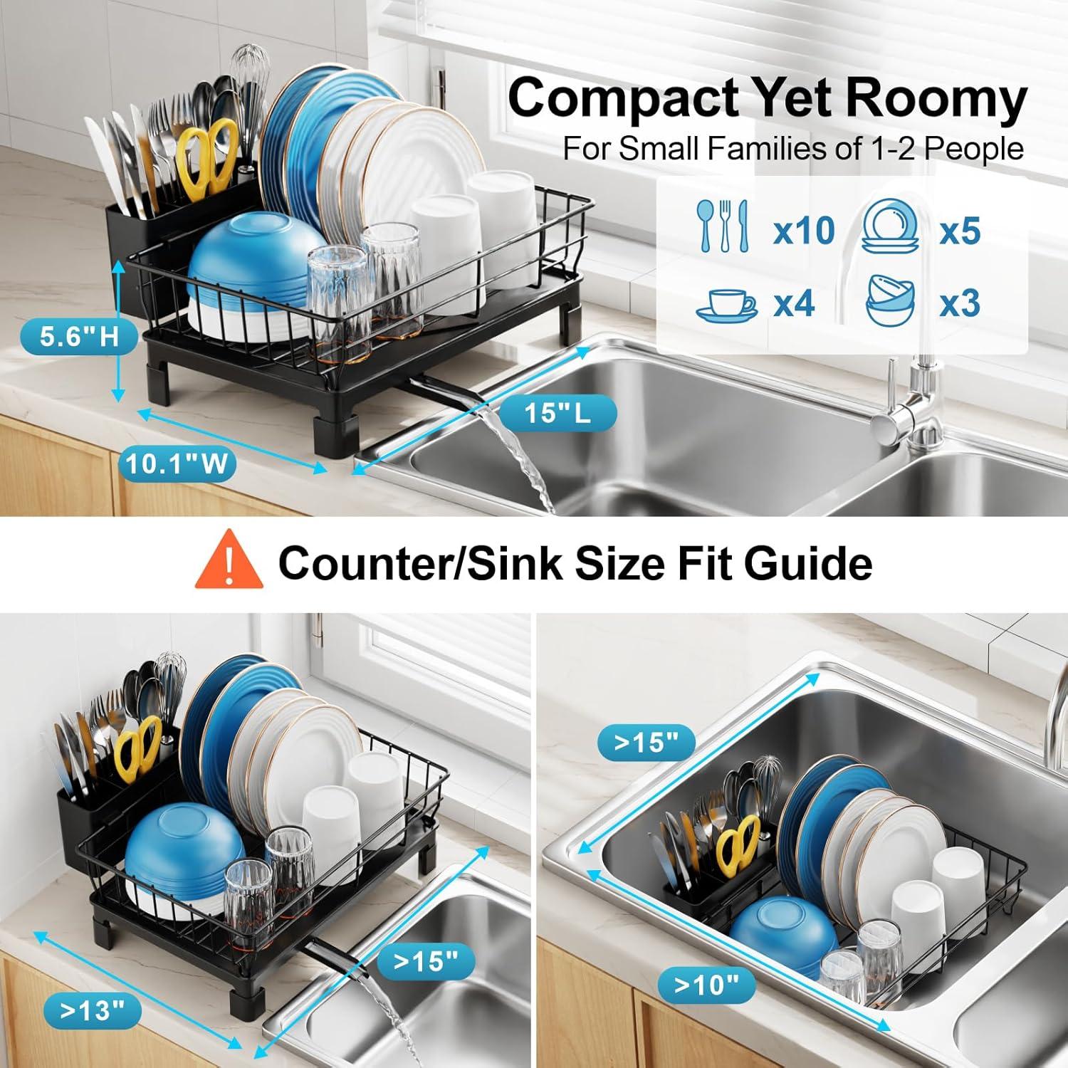 iSPECLE Rejilla para Secar Platos con Escurridor - Rejillas para Platos para Encimera de Cocina, Escurridor de Platos Compacto Resistente a la Oxidación con Soporte para Utensilios, Pico de Drenaje y Pies Altos en Bandeja de Goteo, Negro