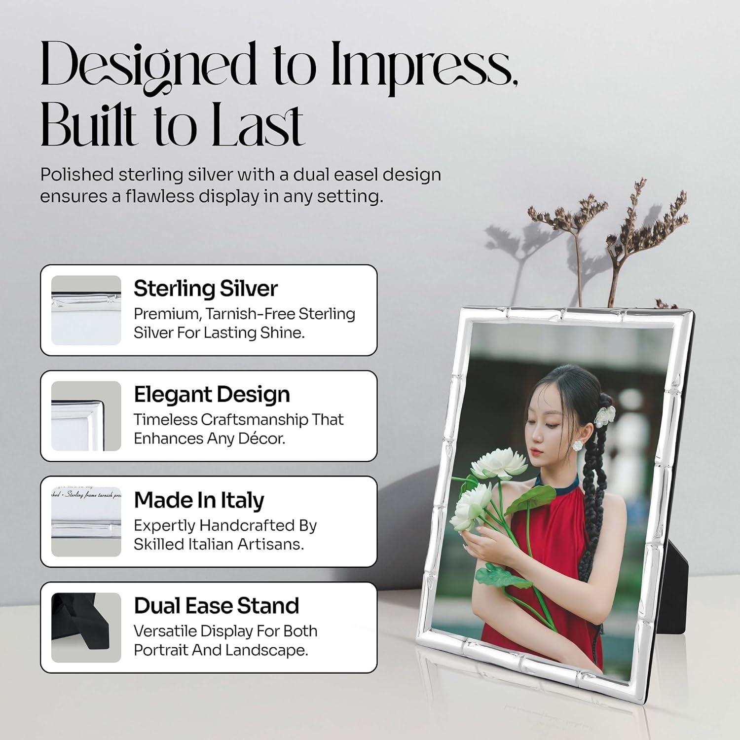 Bamboo Sterling Silver Picture Frames - Handmade in Italy, Tarnish-free, Silver Picture Frame with Dual Easel for Portrait & Landscape Display, Exceptional Gift for Any Occasion (4X6)