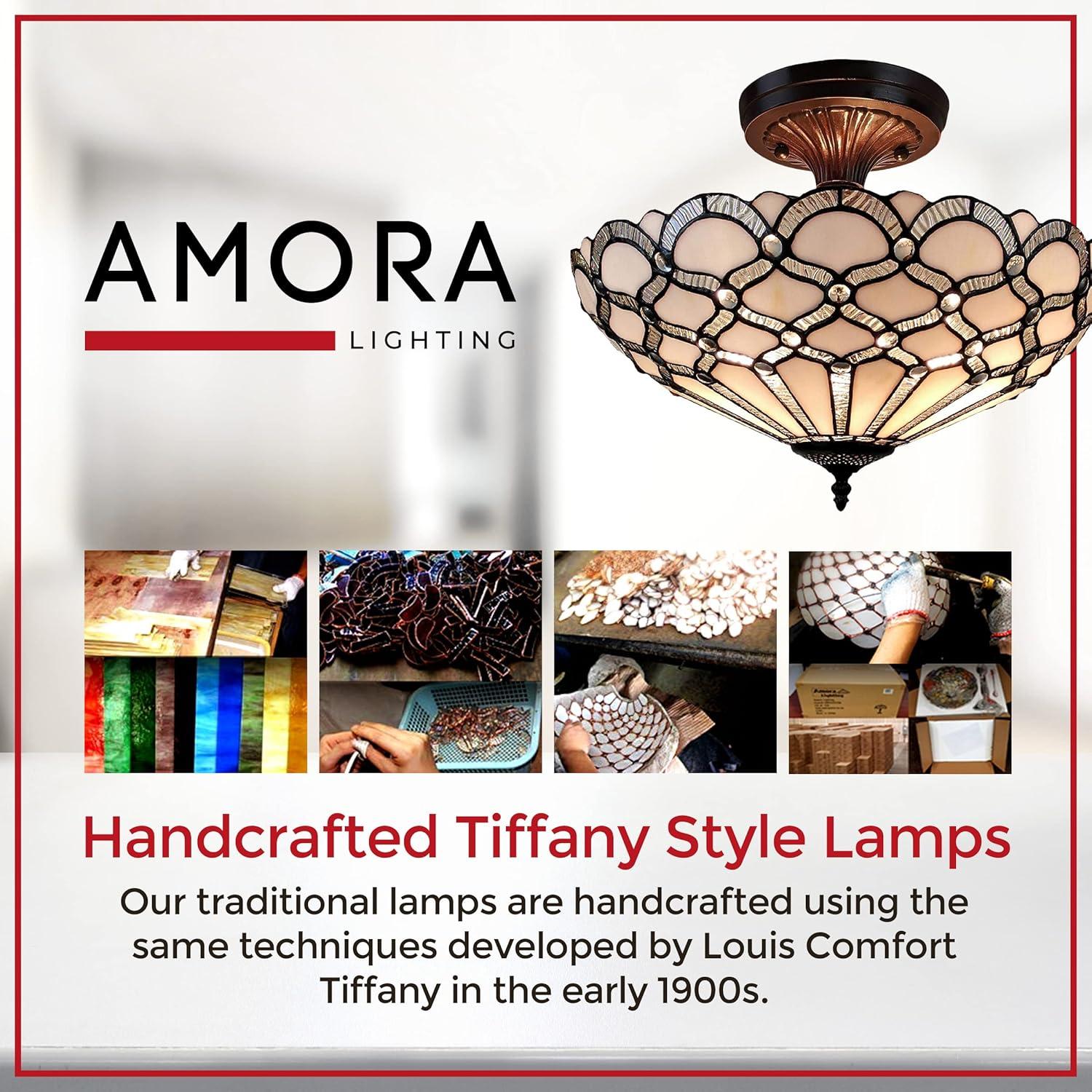 Amora Lighting Tiffany Style Ceiling Fixture Lamp Jeweled 17" Wide Stained Glass White Bedroom Hallway Gift AM108CL17B