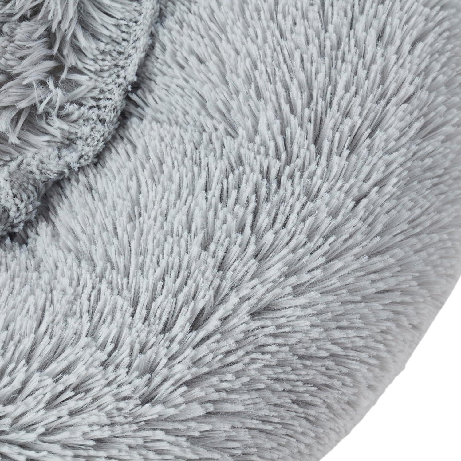 Dog & Cat Bed: Round Faux Fur Pet Bed - Plush, Cozy, & Calming Donut Bed for Medium Pets - Soft & Comfortable Sleeping Cushion for Napping & Lounging, 23" Round, Silver
