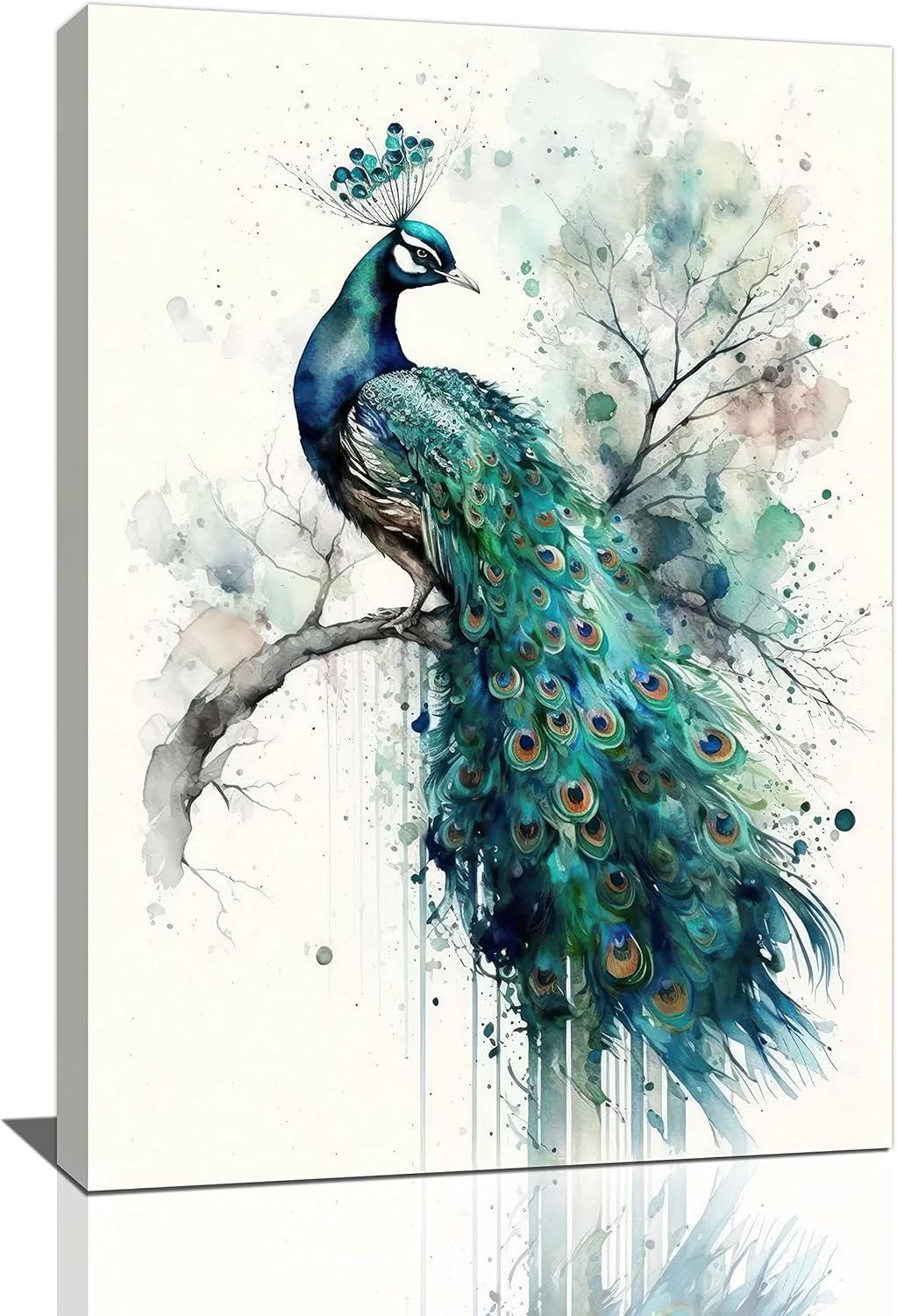 Framed Watercolor Peacock Canvas Print Wall Art 16" x 24"