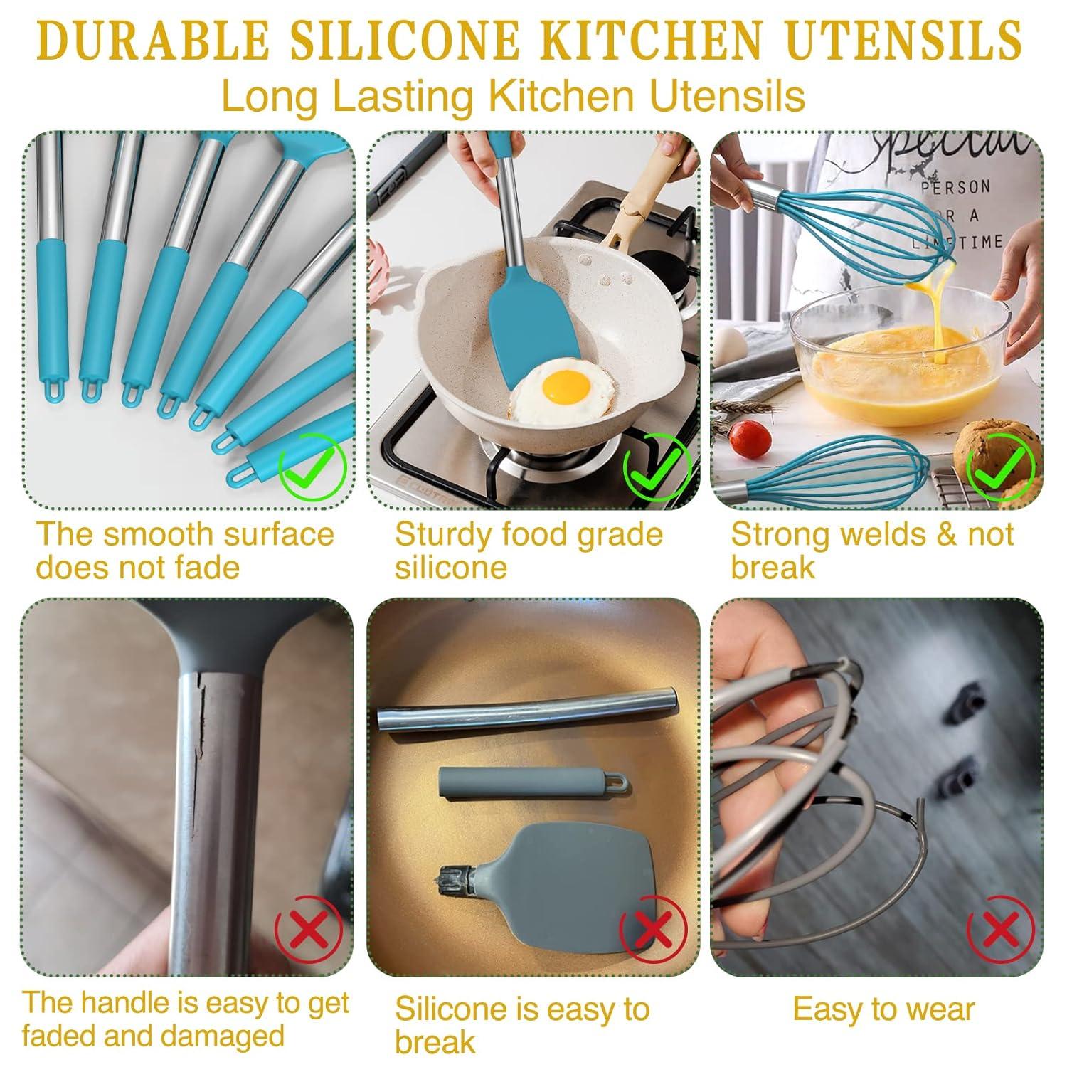 15 PCS Silicone Kitchen Cooking Utensils Set, Heat-Resistant Utensil Set with Premium Stainless Handles for Cooking and Baking, Non-Stick Spatula Kitchen Gadgets Cookware Set(Blue)