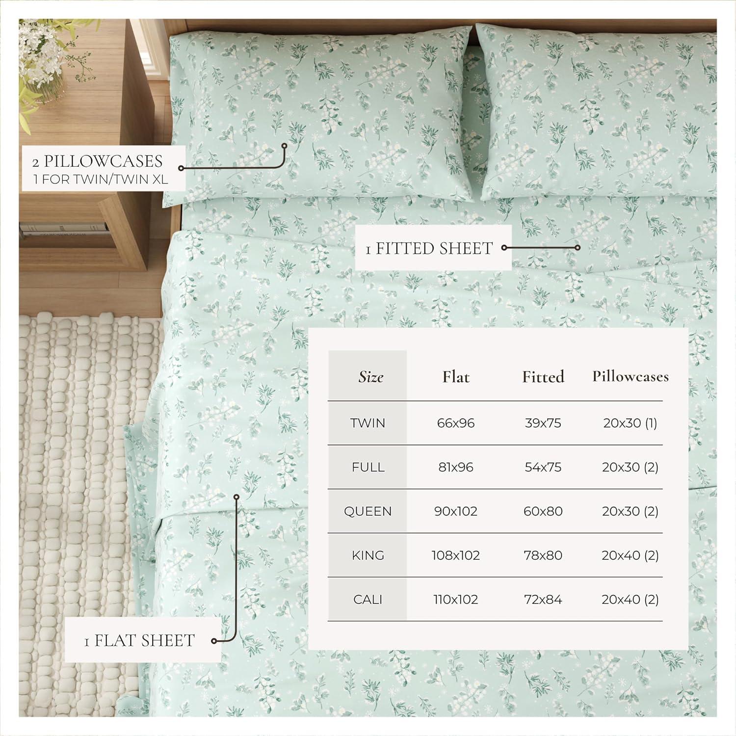 100% Cotton Winter Flannel Sheet Set - Great Bay Home (Twin, Snowy Botanical)