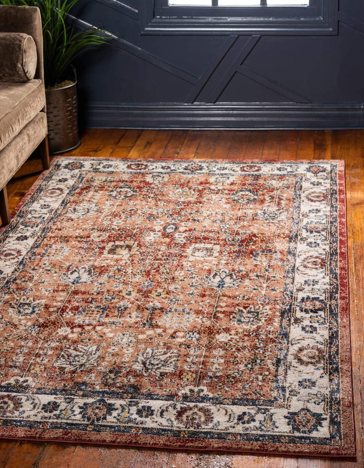 Terracotta and Blue Rectangular Synthetic Area Rug, 5' x 8'