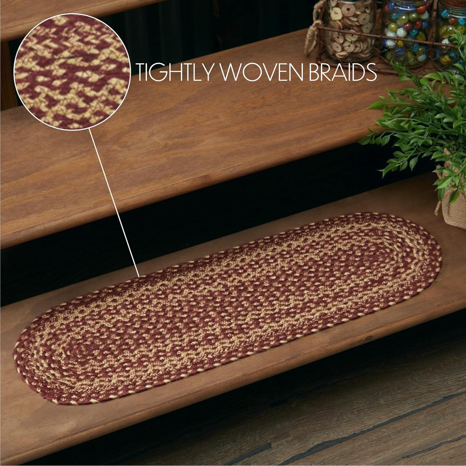 VHC Brands Burgundy Tan Jute Primitive Oval Stair Tread Non Slip Latex Backing, 8.5 x 27"
