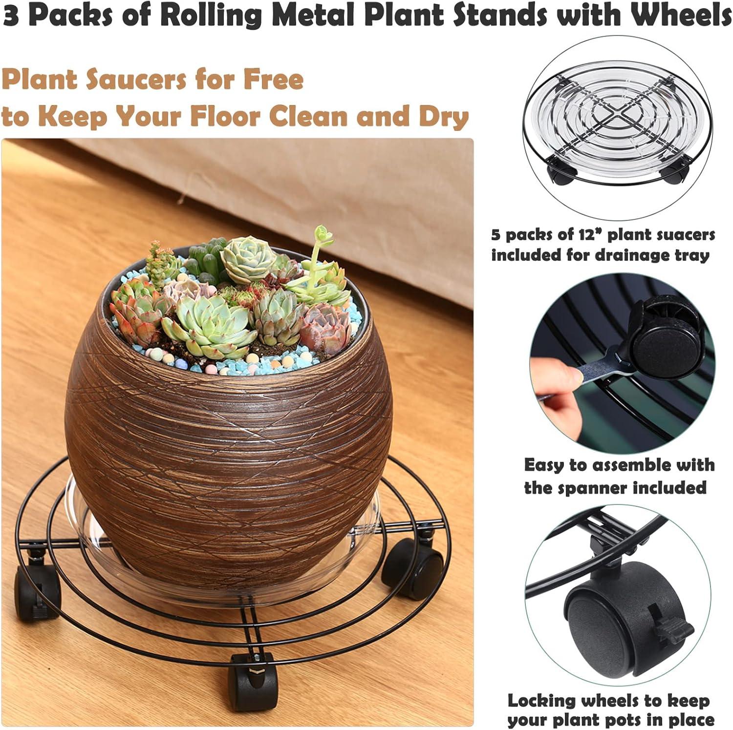 5 Packs Large Metal Plant Caddy 13.8” Plant Dolly with Wheels Heavy-Duty Wrought Iron Rolling Plant Stand with Casters for Indoor and Outdoor Plant Pot Rollers Black, Plastic Saucers Included