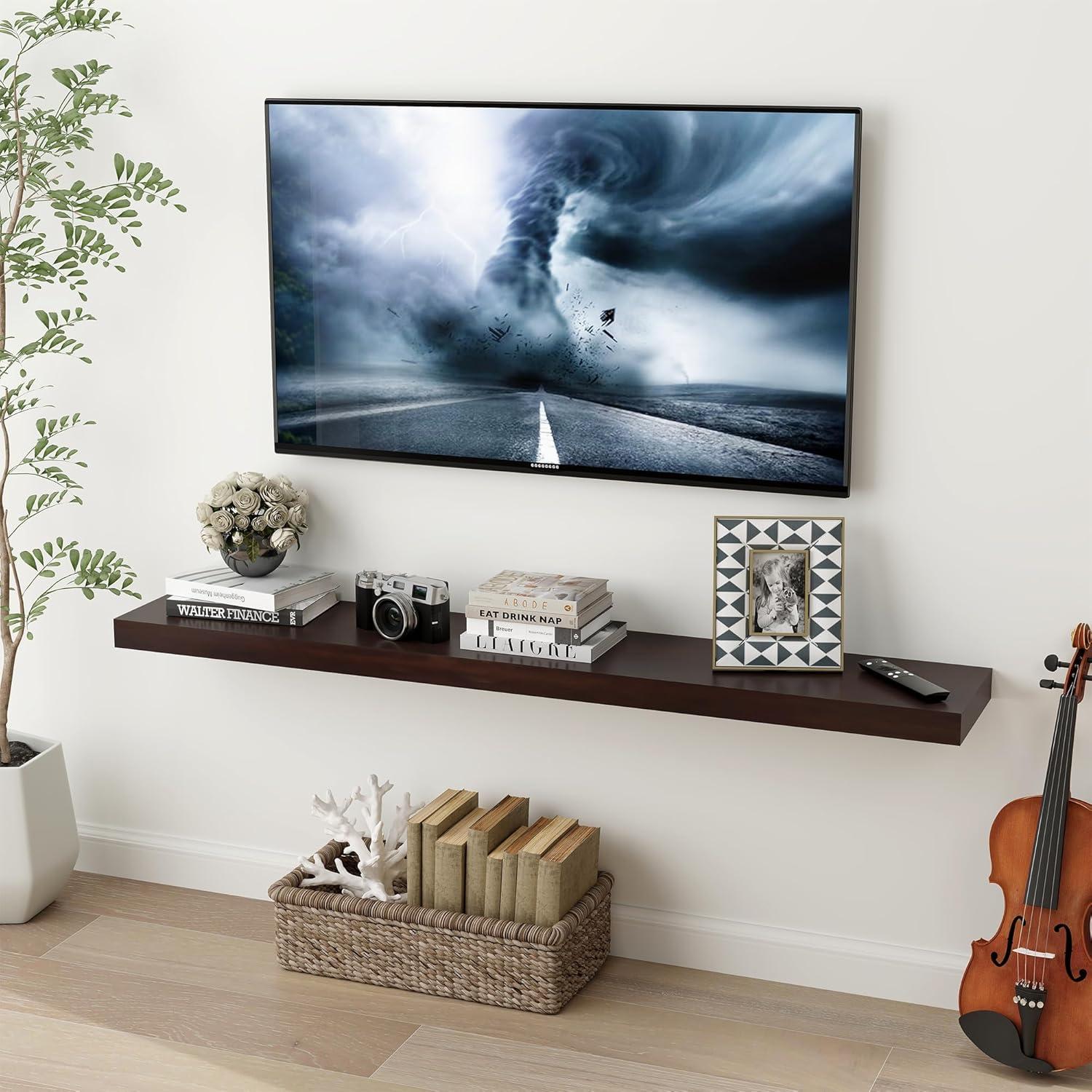 24 Inch Floating Shelves Set of 2, Rustic Solid Wood Wall Mounted Shelves for Decor & Storage, Dark Walnut Shelves for Bedroom Kitchen Living Room - Dark Walnut