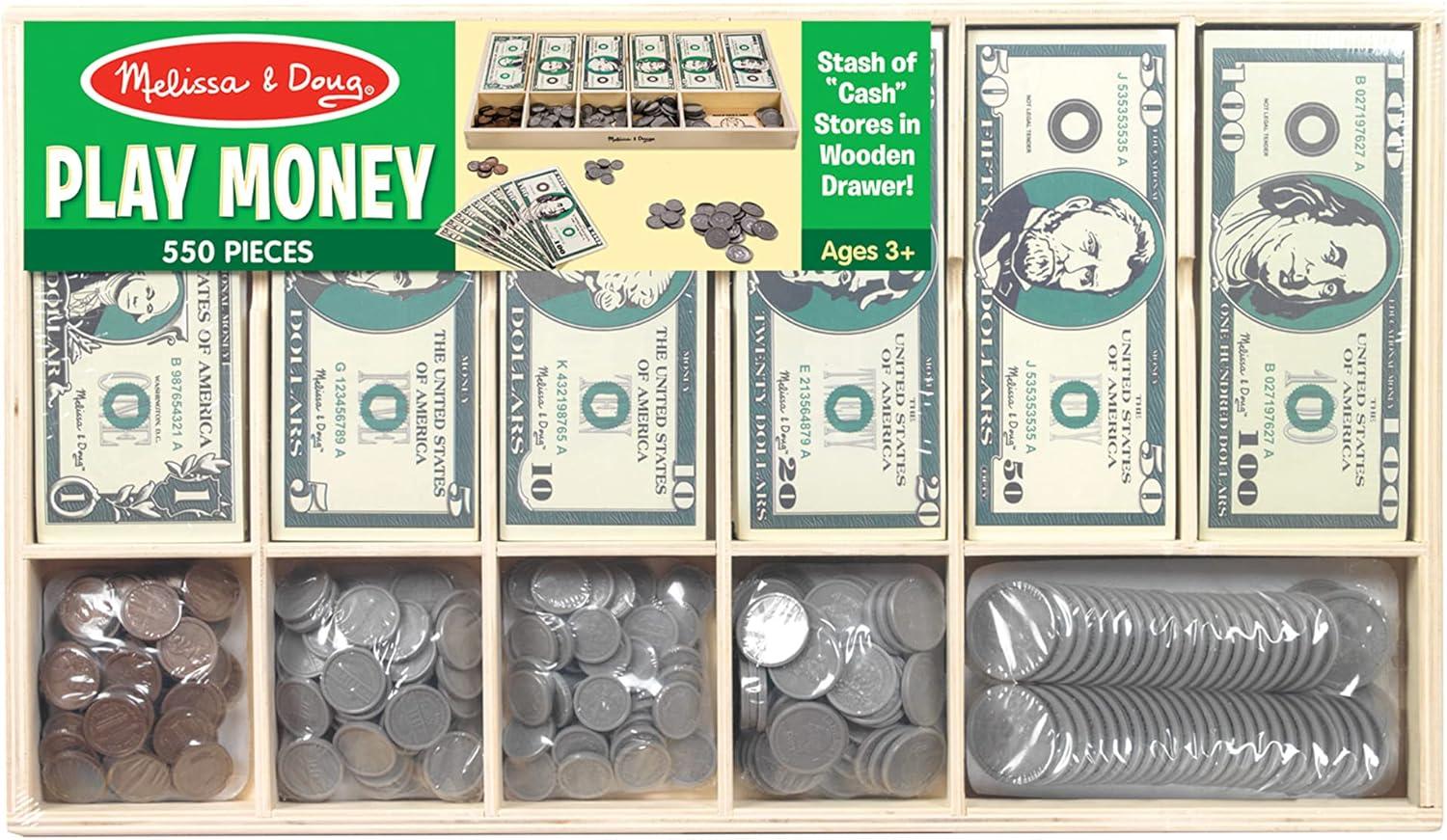 Melissa & Doug Play Money Set - Educational Toy With Paper Bills and Plastic Coins (50 of each denomination) and Wooden Cash Drawer for Storage