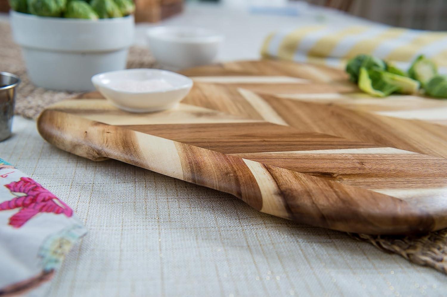 Lipper International Acacia Herringbone Rounded Edge Cutting/Serve Board With Inset Handles, Small