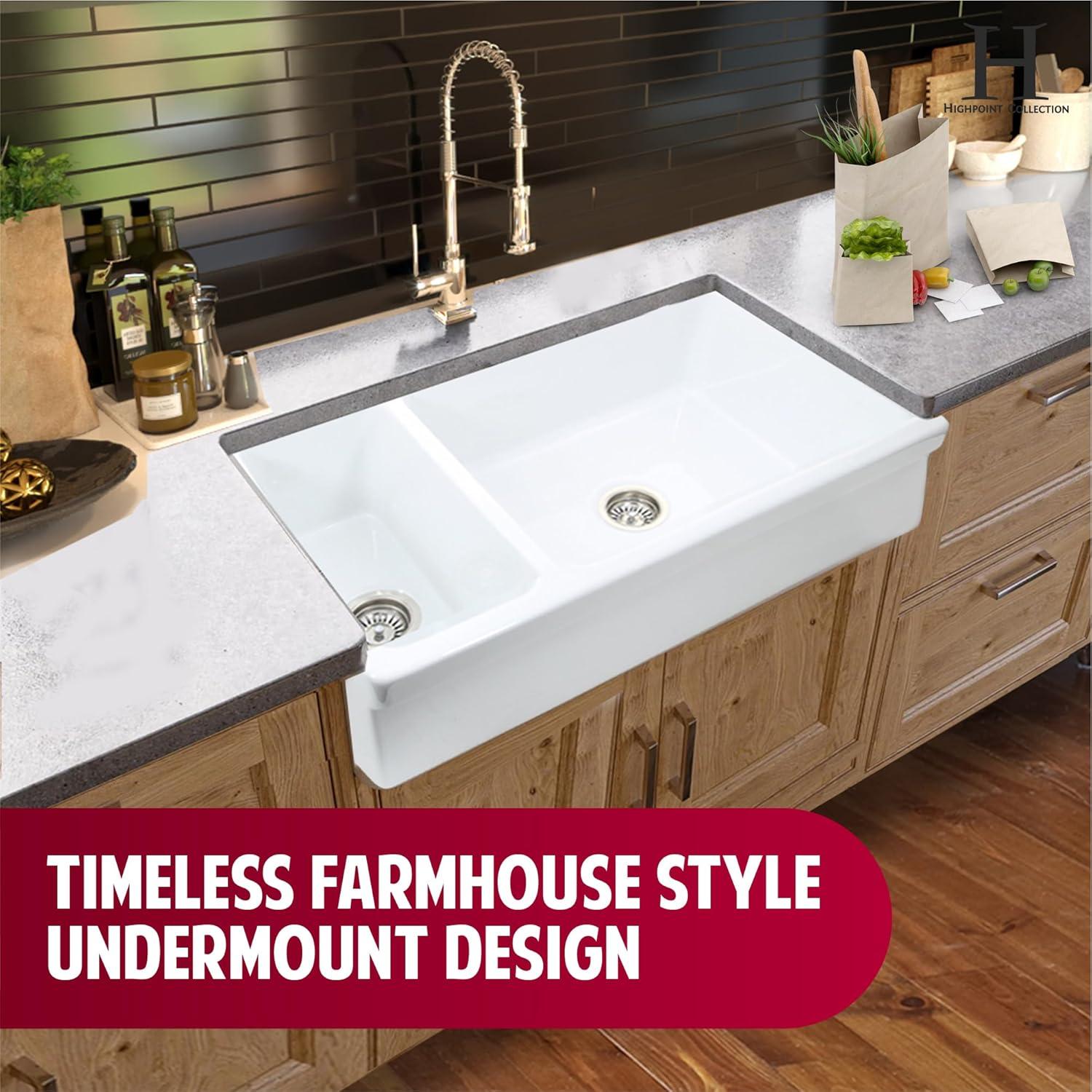 White Farmhouse Sink – 36" Farm Kitchen Sink with Apron, Fireclay, Made in Italy – Double Bowl, Sturdy, Reversible, Undermount, Scratch Resistant, Easy to Clean HP-FC9010-W