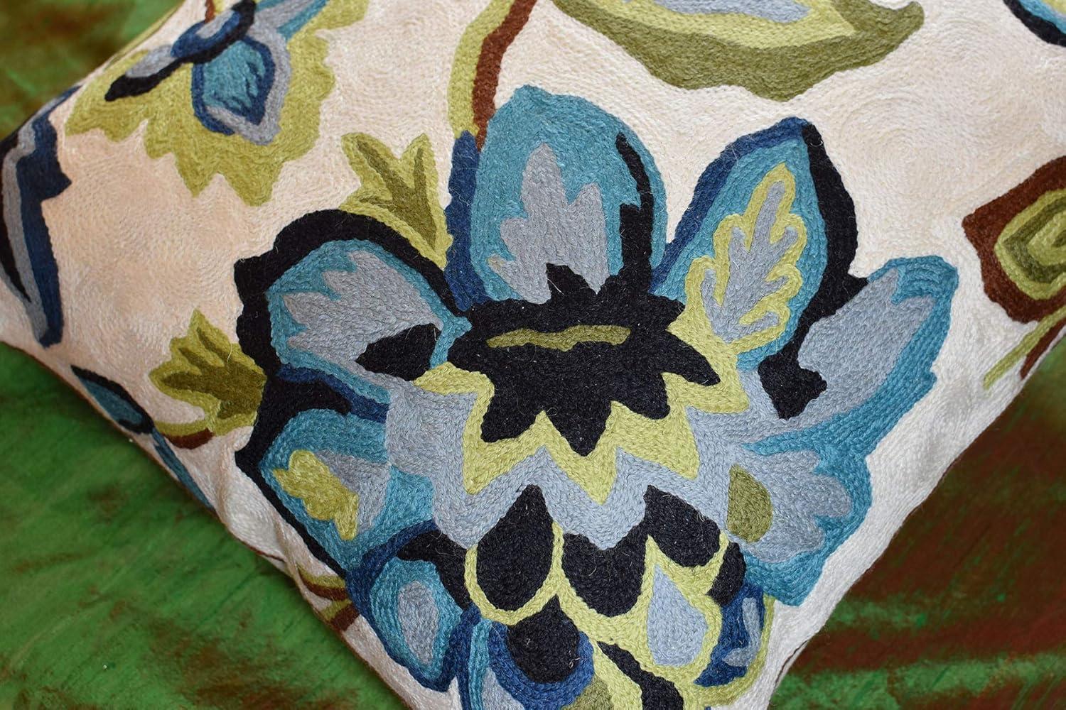 Modern Cream Decorative Floral Pillow Cover Needlepoint White Flower Hand Embroidered Pillowcase Flowery Outdoor Suzani Accent Cushion Boho Chair Modern Chair Pillowsham Wool Size 18x18