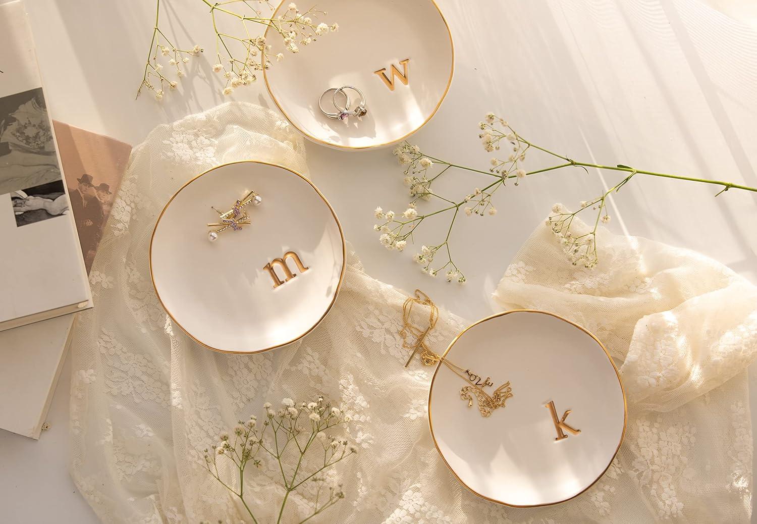 White Ceramic Jewelry Dish with Gold Monogram Accent