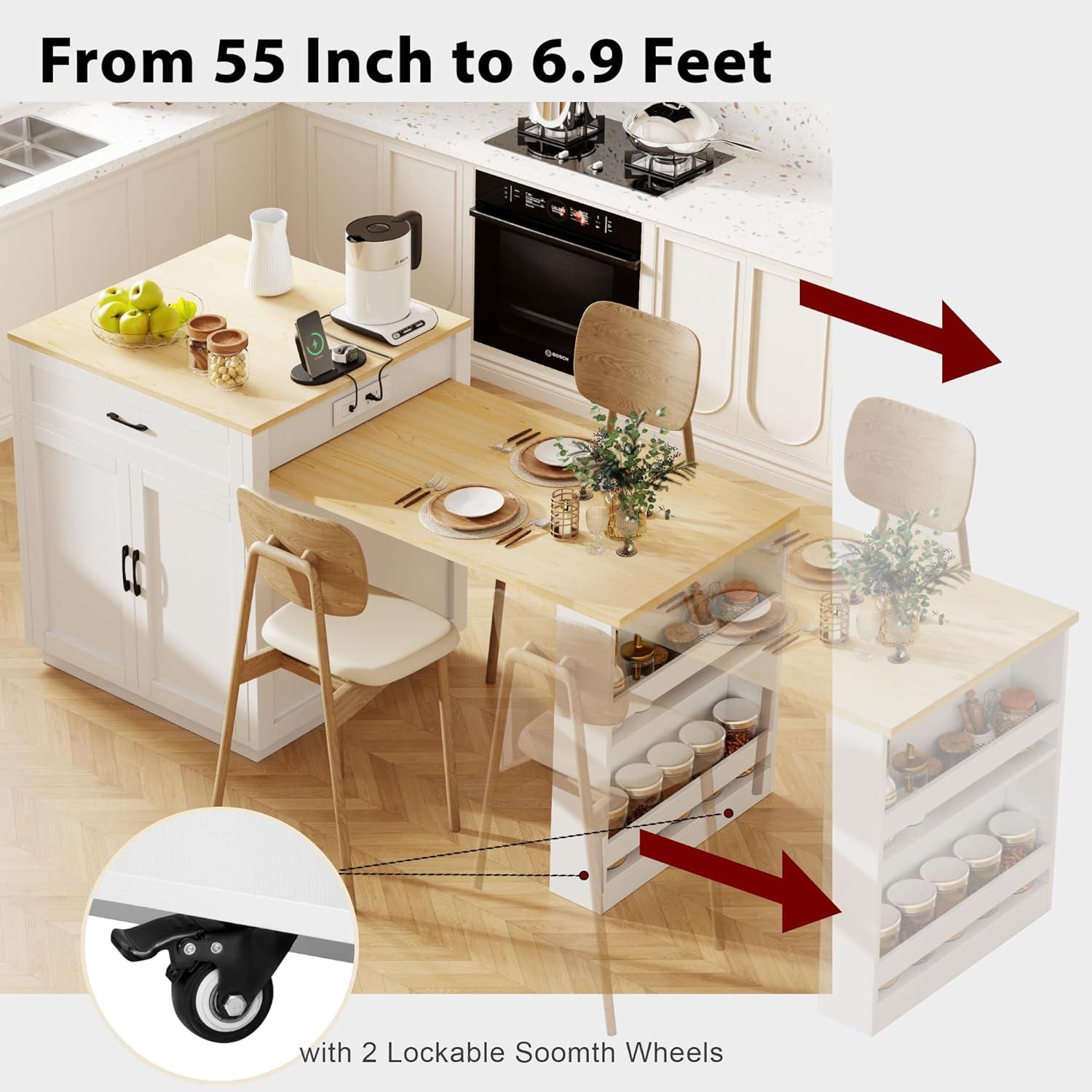 Harper & Bright Designs Isla de Cocina con Mesa de Comedor Extensible para 4-6 Personas, Mesa de Cocina de Imitación Mábil con Toma de Corriente, Isla de Cocina con Cajones de Almacenamiento y Estantes, Roble Blanco