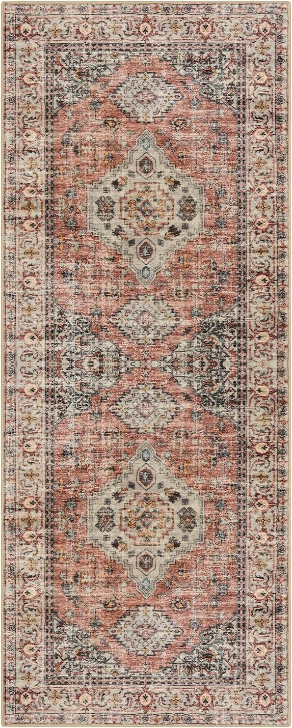 Lahome Oriental Small Area Rug, 2x4 Soft Washable Rugs for Entryway Kitchen, Non-Slip Ultra-Thin Indoor Door Mat Distressed Vintage Small Carpet for Bathroom Bedroom, Peach/Orange