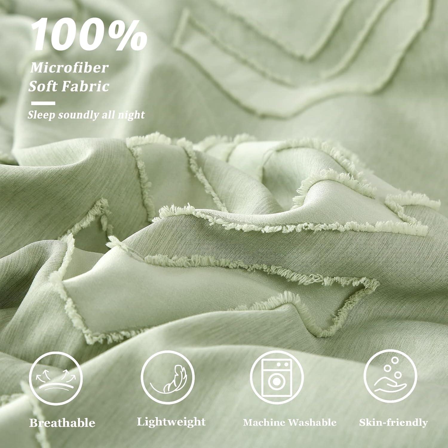 WURUIBO Tufted Shabby Chic 7 Piece Comforter Set - King Size, Soft Microfiber Boho Farmhouse Bedding - Green Jacquard Comforter, Sheets and Bedding Set for All Season