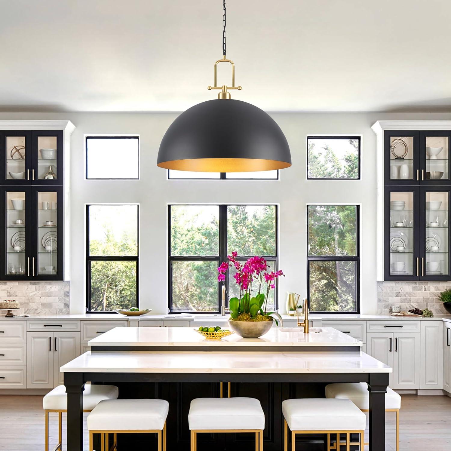 Everly Quinn 17.7" Farmhouse Vintage Black And Gold Pendant Light - Dome Chandelier For Kitchen Island, Dining Room, Hallway