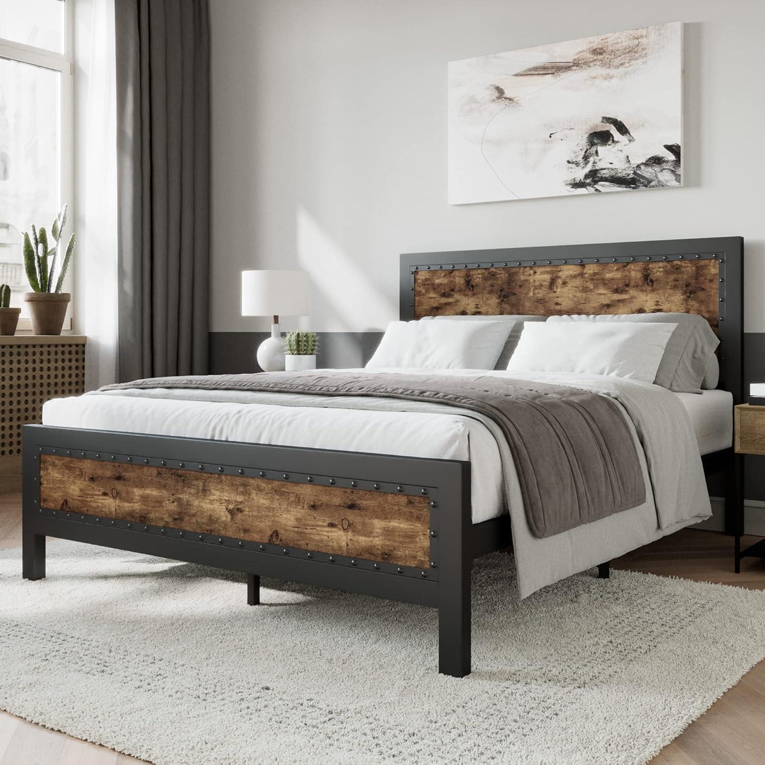 Industrial Grey Metal Queen Bed Frame with Rivet Headboard