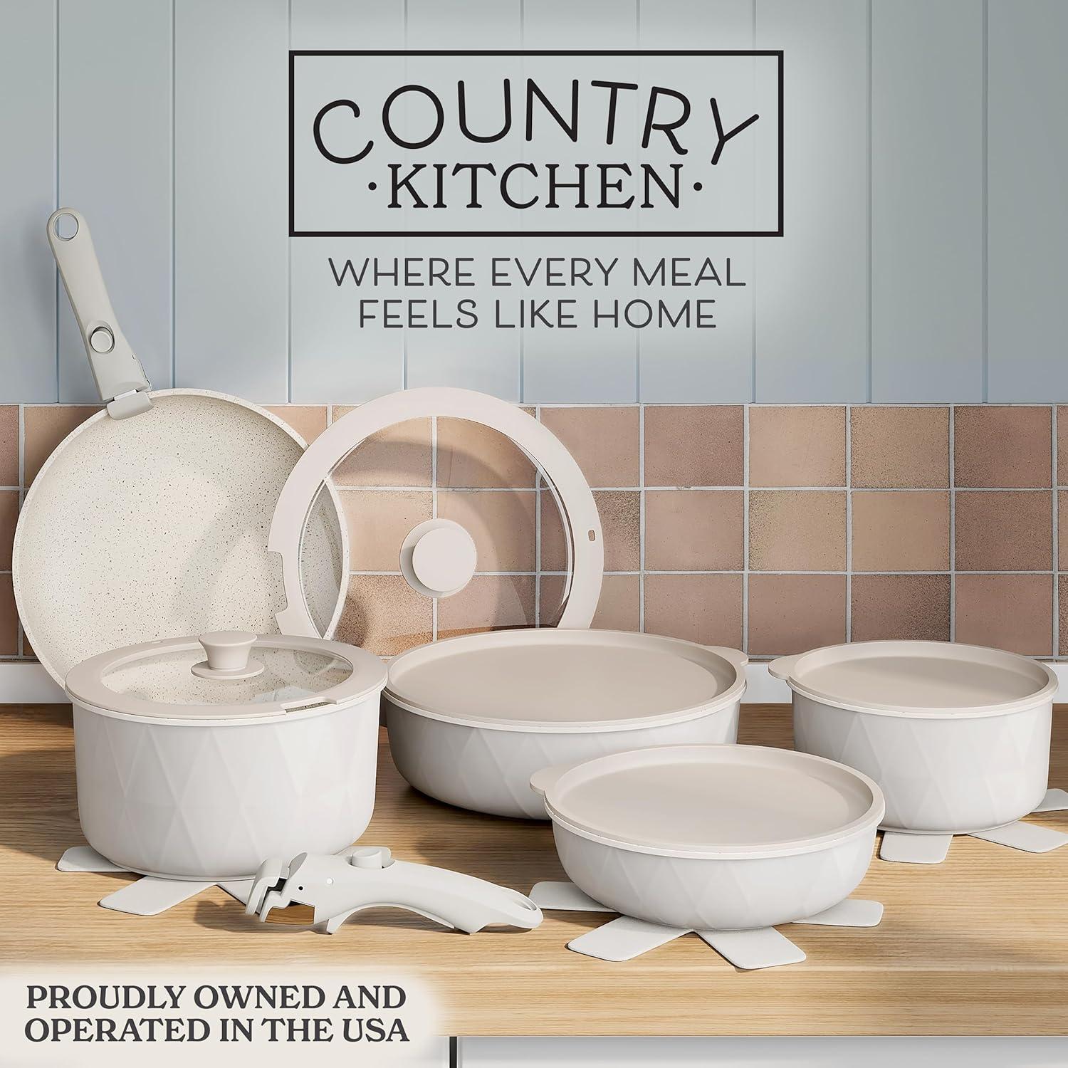 Country Kitchen 13-Pc Pots and Pans Set with Removable Handles Nonstick Cookware Set, Cream