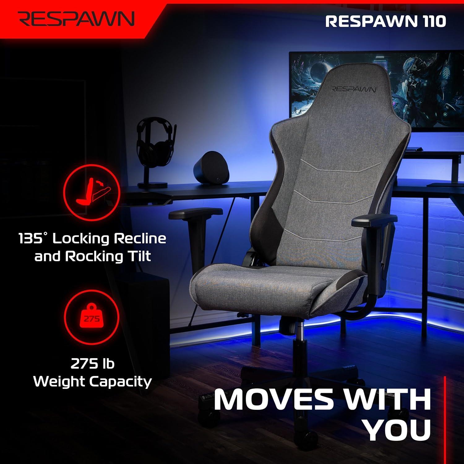 Respawn RESPAWN 110 Gaming Chair - Gamer Chair PC Computer Chair, Ergonomic Gaming Chairs, Office Chair with Integrated Headrest, Gaming Chair for Adults 135 Degree Recline with Angle Lock