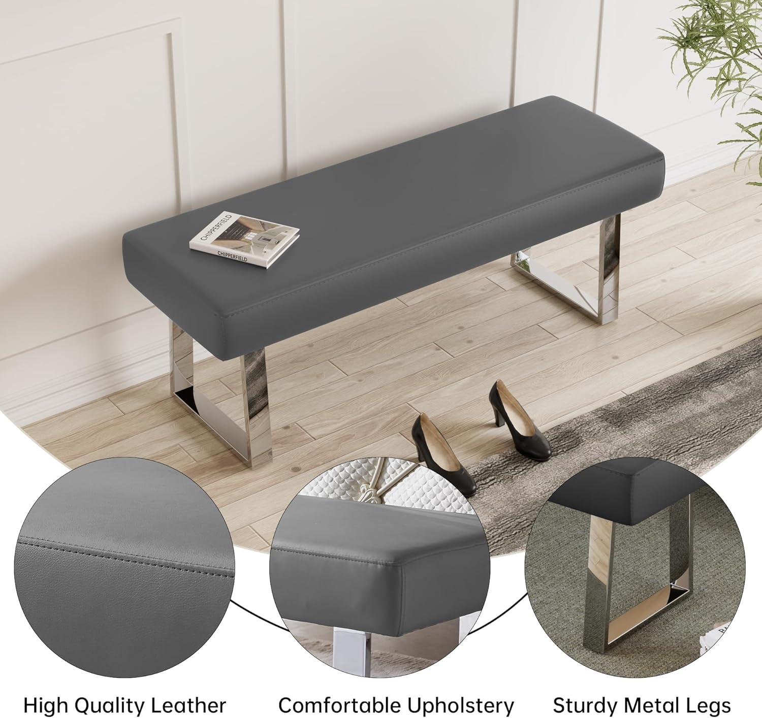 Gray Faux Leather Bedroom Bench with Chrome Metal Legs