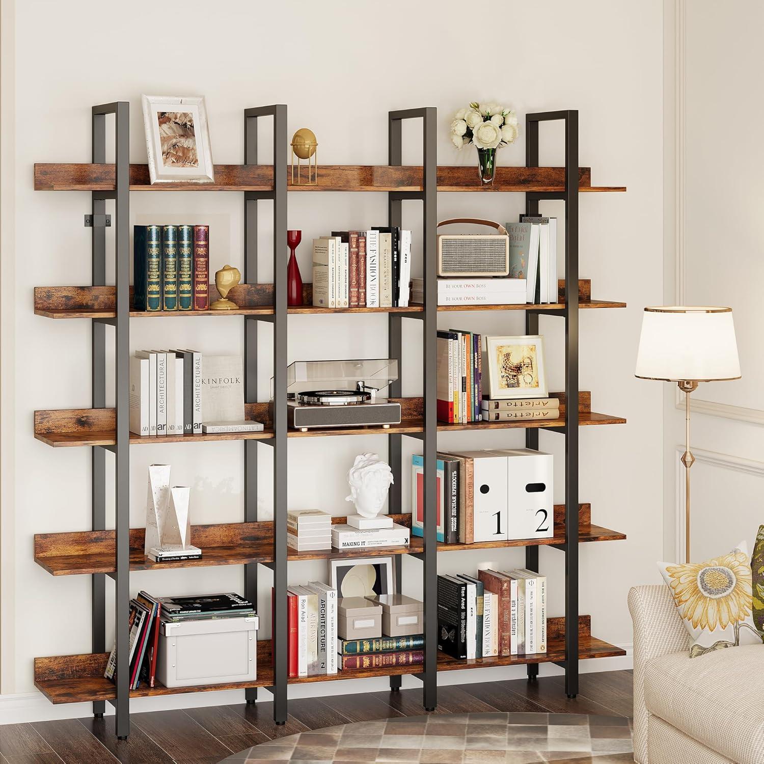 IRONCK Triple Wide 5 Tiers Large Open Shelves, Etagere Bookcases with Back Fence for Home Office Decor, Easy Assembly, Vintage Brown